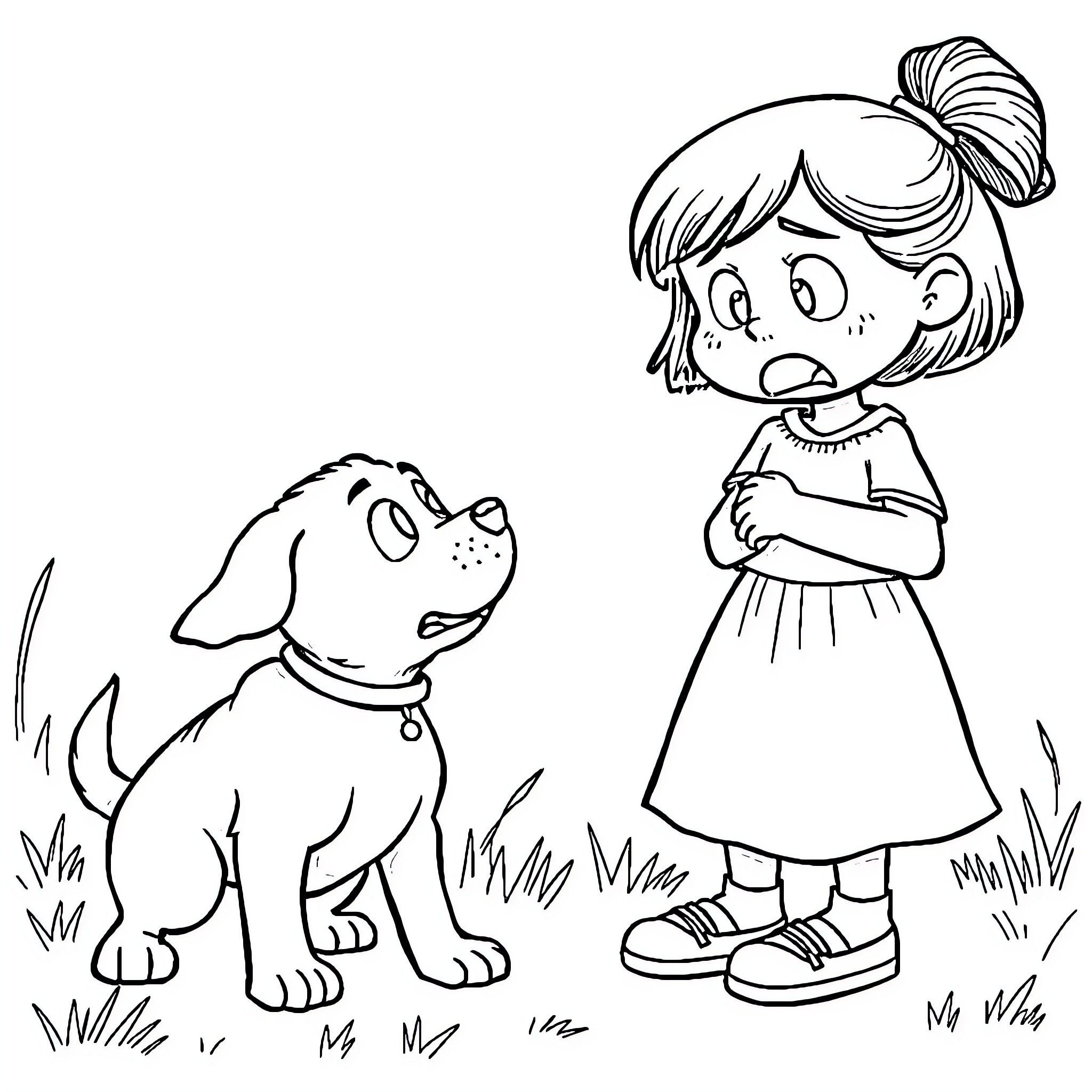 Dog and girl playing in the park Coloring Page (free black-and-white line drawing printable PDF for all, from beginners to advanced learners, including children, teens, adults, and seniors)