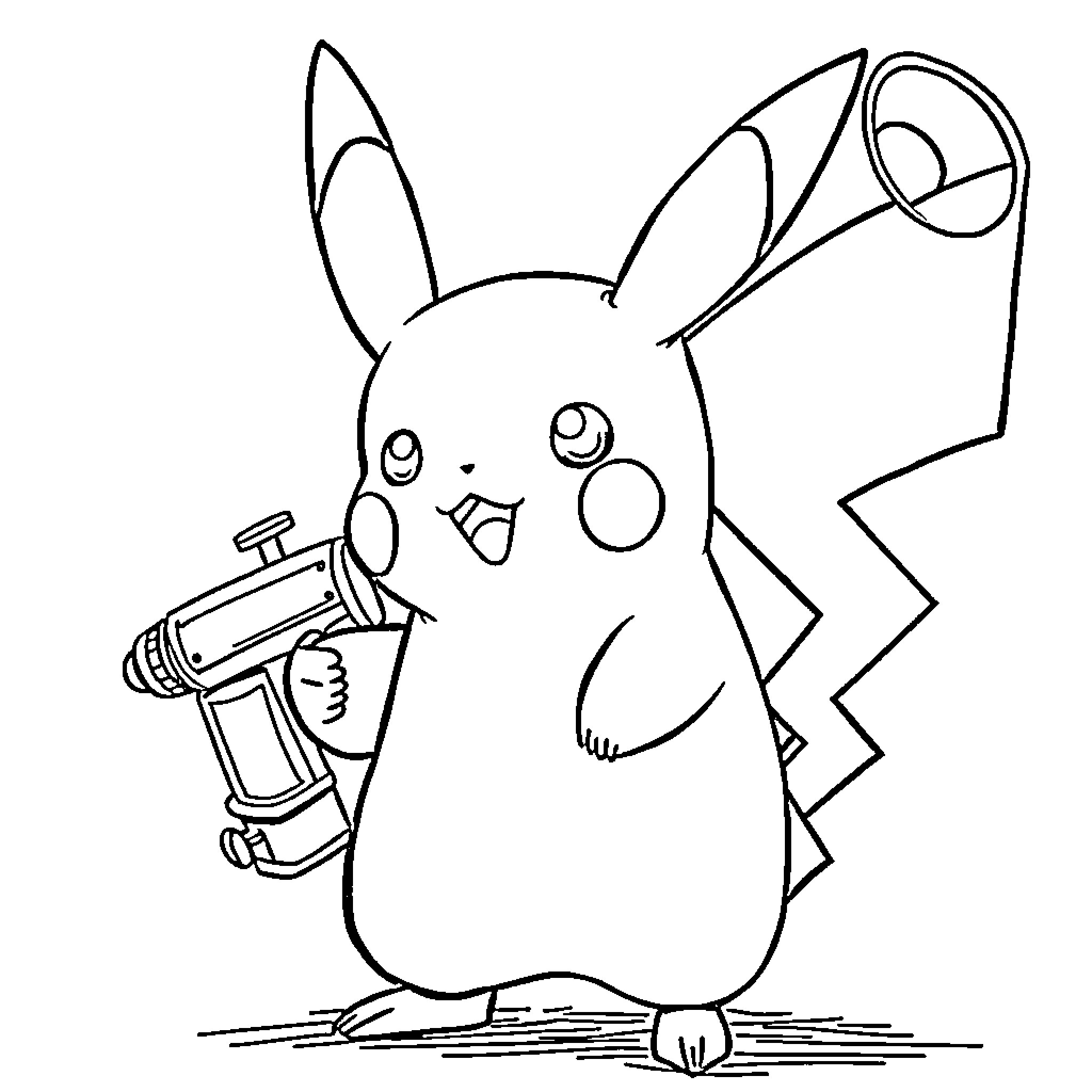 Pikachu Spraying Water from a Squirt Gun Coloring Page (free black-and-white line drawing printable PDF for all, from beginners to advanced learners, including children, teens, adults, and seniors)