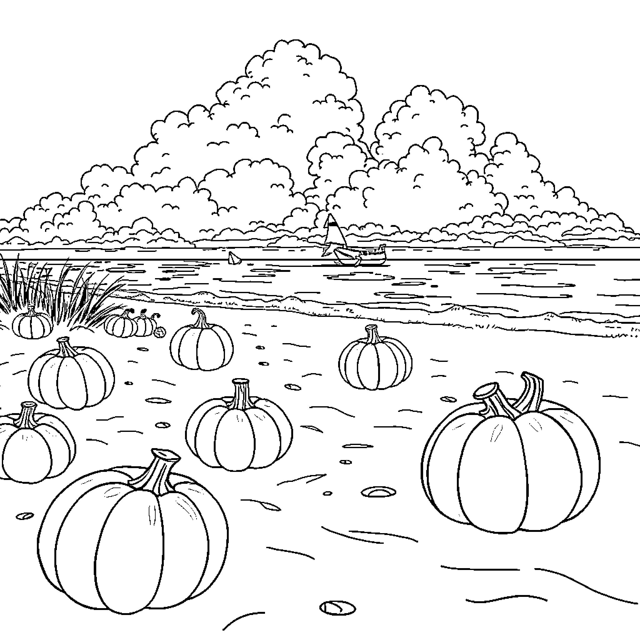 Pumpkin patch by the lake Coloring Page (free black-and-white line drawing printable PDF for all, from beginners to advanced learners, including children, teens, adults, and seniors)