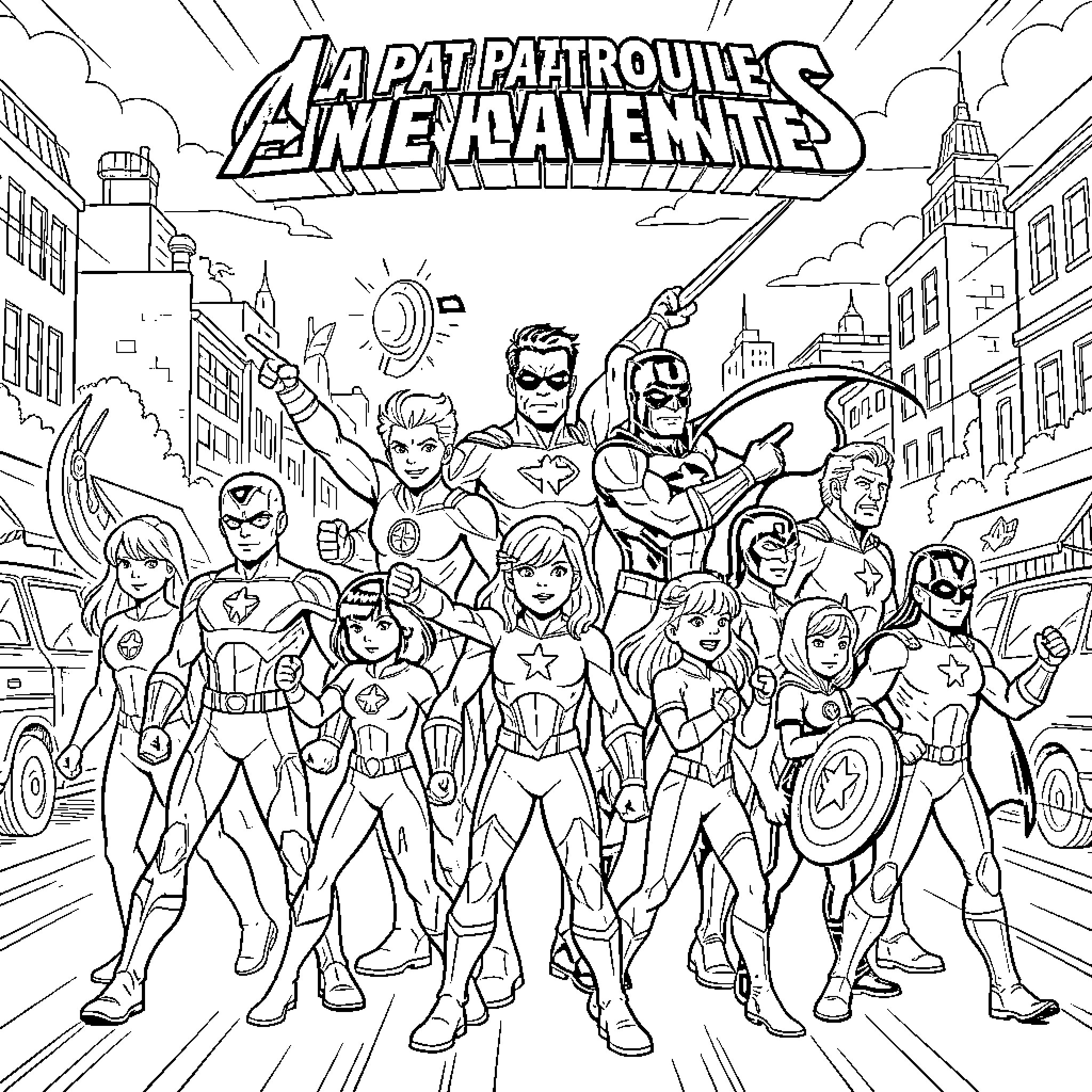 Paw Patrol characters posing in superhero outfits Coloring Page (free black-and-white line drawing printable PDF for all, from beginners to advanced learners, including children, teens, adults, and seniors)