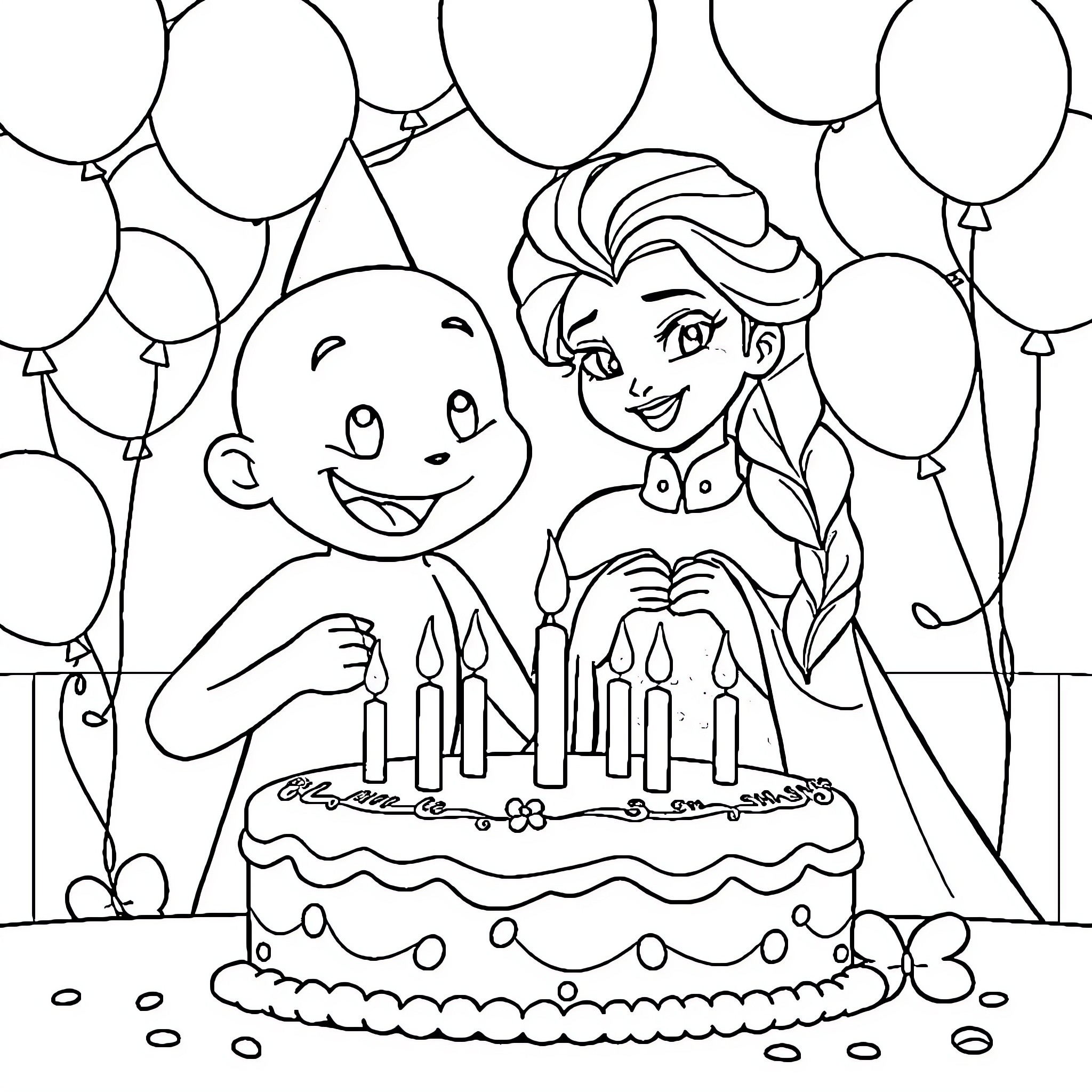 Bluey's Joyful Birthday Celebration Coloring Page (free black-and-white line drawing printable PDF for all, from beginners to advanced learners, including children, teens, adults, and seniors)