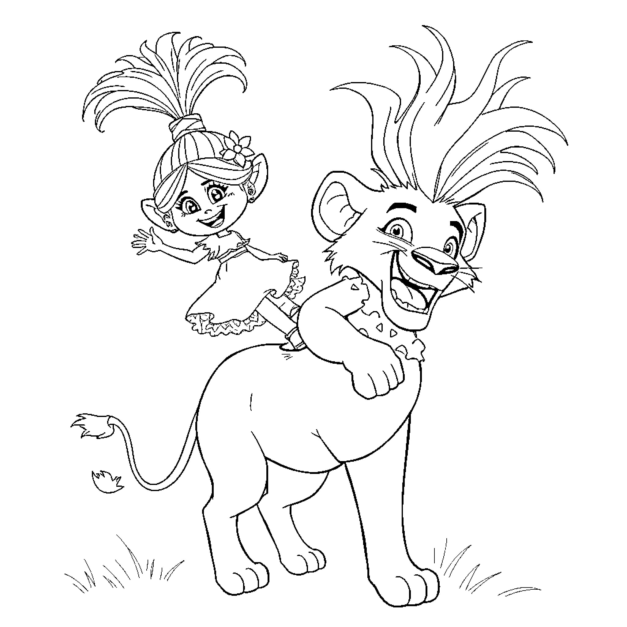 Trolls and Lion in Playful Antics Coloring Page (free black-and-white line drawing printable PDF for all, from beginners to advanced learners, including children, teens, adults, and seniors)