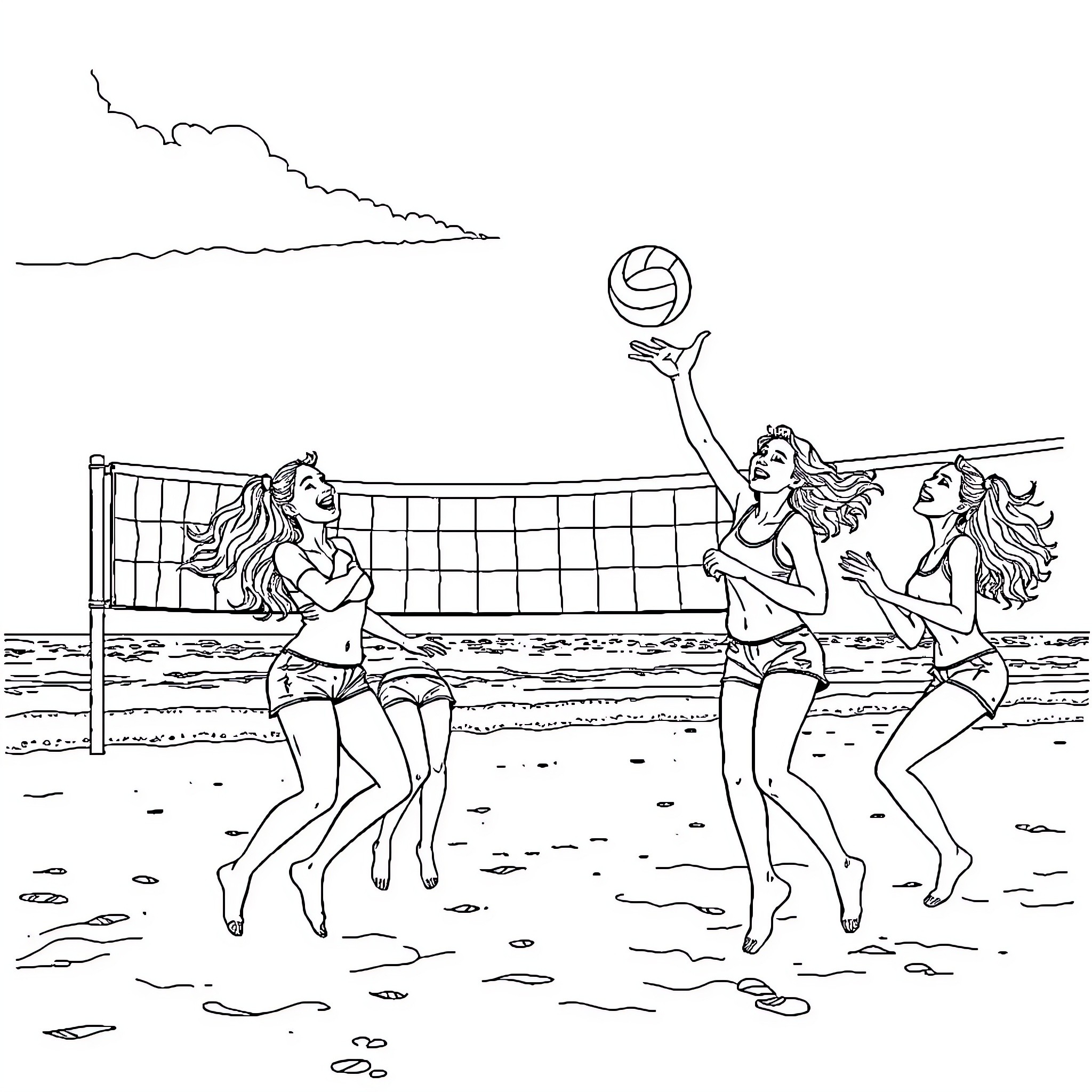 Volleyball beach game with energetic players Coloring Page (free black-and-white line drawing printable PDF for all, from beginners to advanced learners, including children, teens, adults, and seniors)