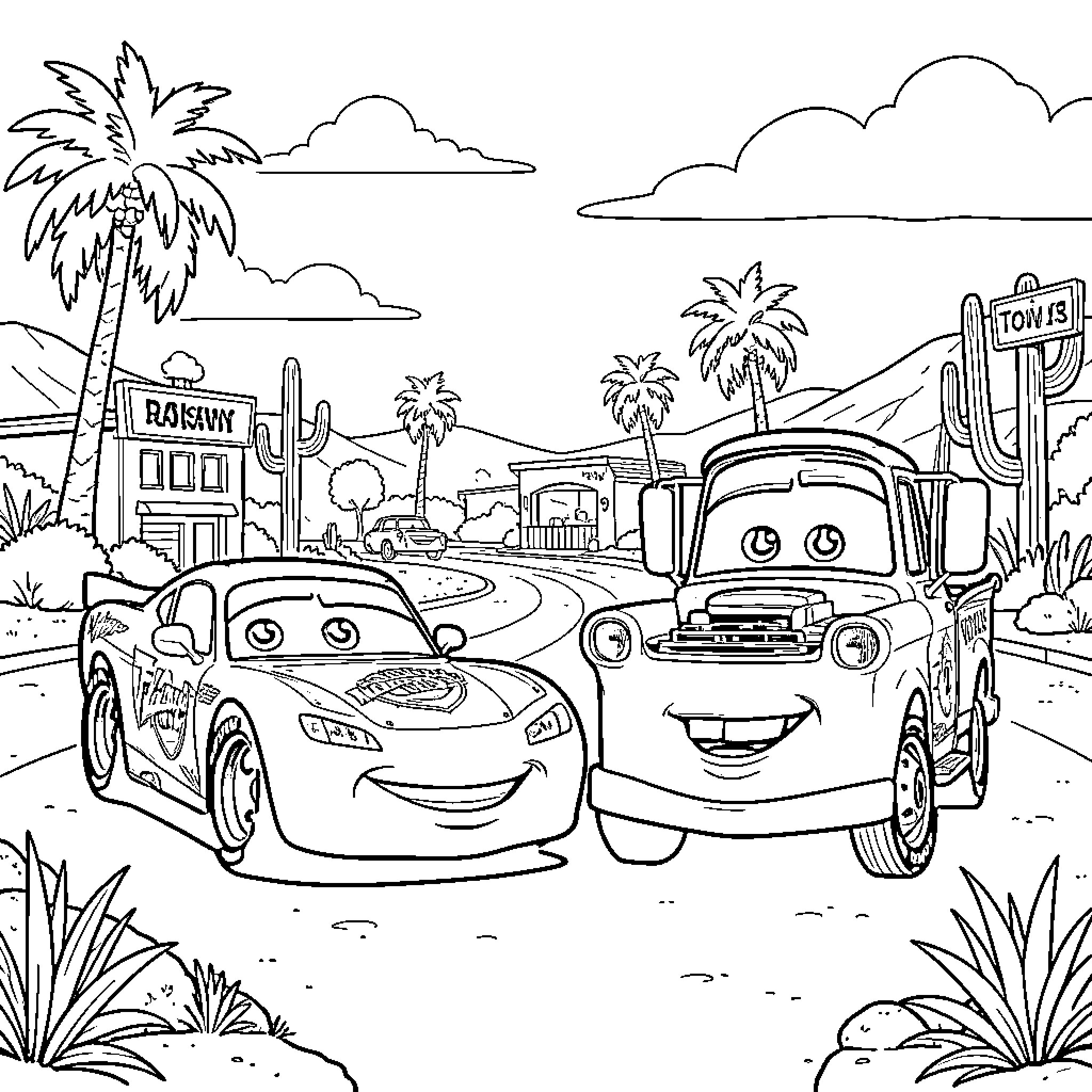 Flash McQueen and Mater smiling together in Radiator Springs Coloring Page (free black-and-white line drawing printable PDF for all, from beginners to advanced learners, including children, teens, adults, and seniors)