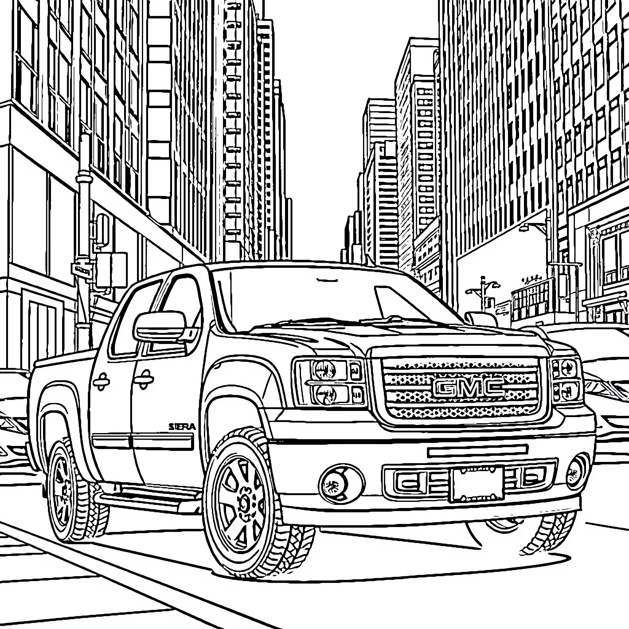 GMC Sierra pickup truck in the city Coloring Page (free black-and-white line drawing printable PDF for all, from beginners to advanced learners, including children, teens, adults, and seniors)