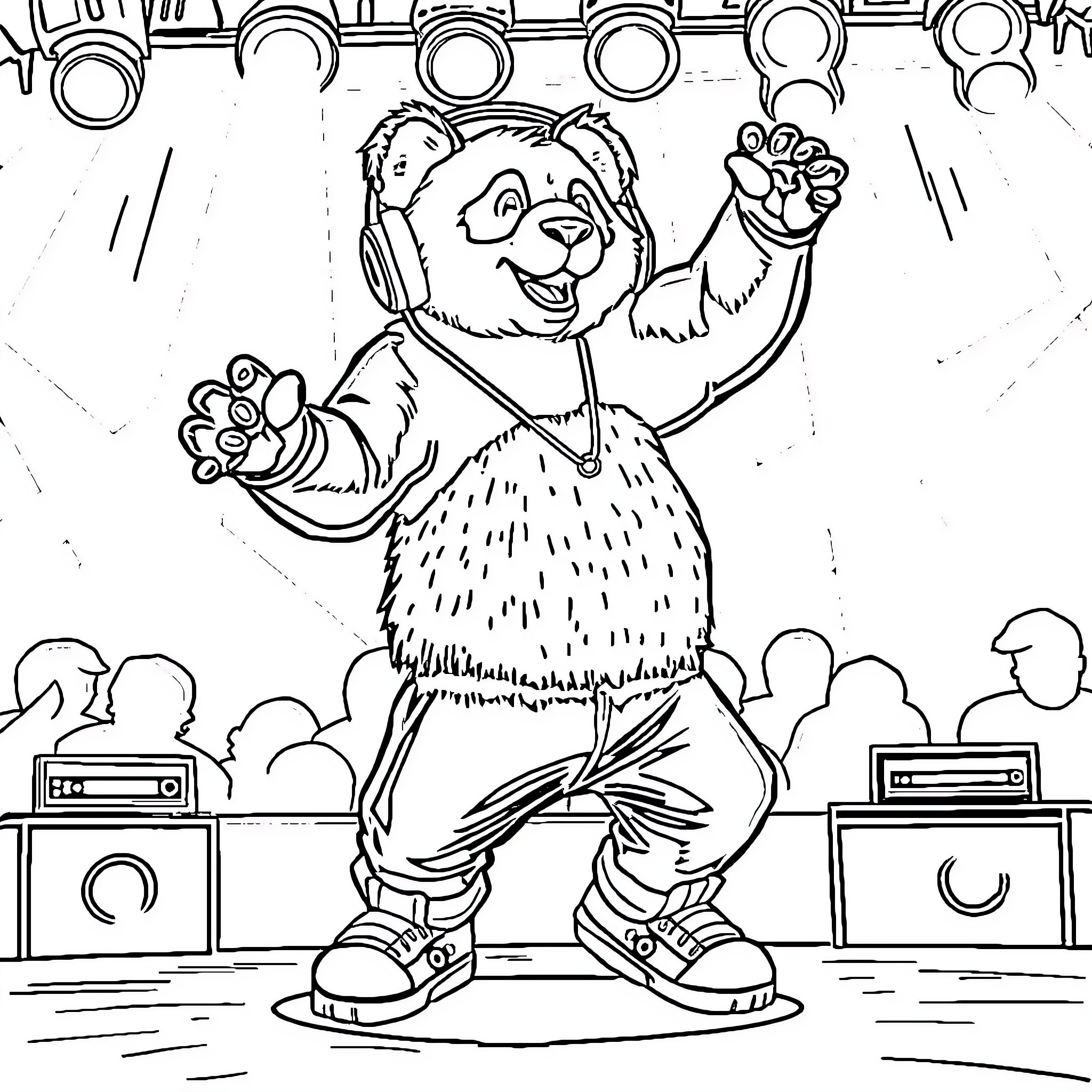 Panda dancing enthusiastically on stage Coloring Page (free black-and-white line drawing printable PDF for all, from beginners to advanced learners, including children, teens, adults, and seniors)