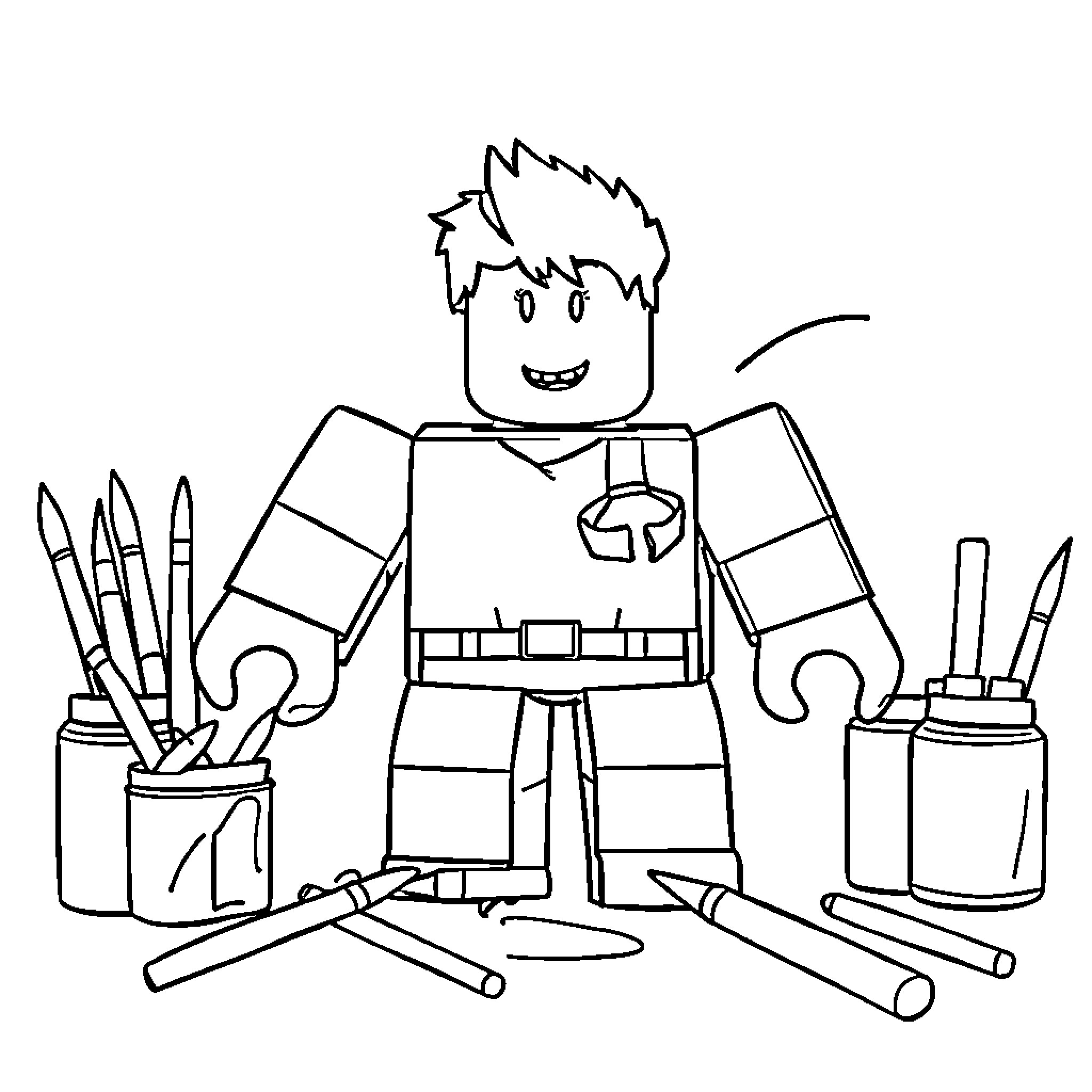 Roblox character creating art supplies Coloring Page (free black-and-white line drawing printable PDF for all, from beginners to advanced learners, including children, teens, adults, and seniors)