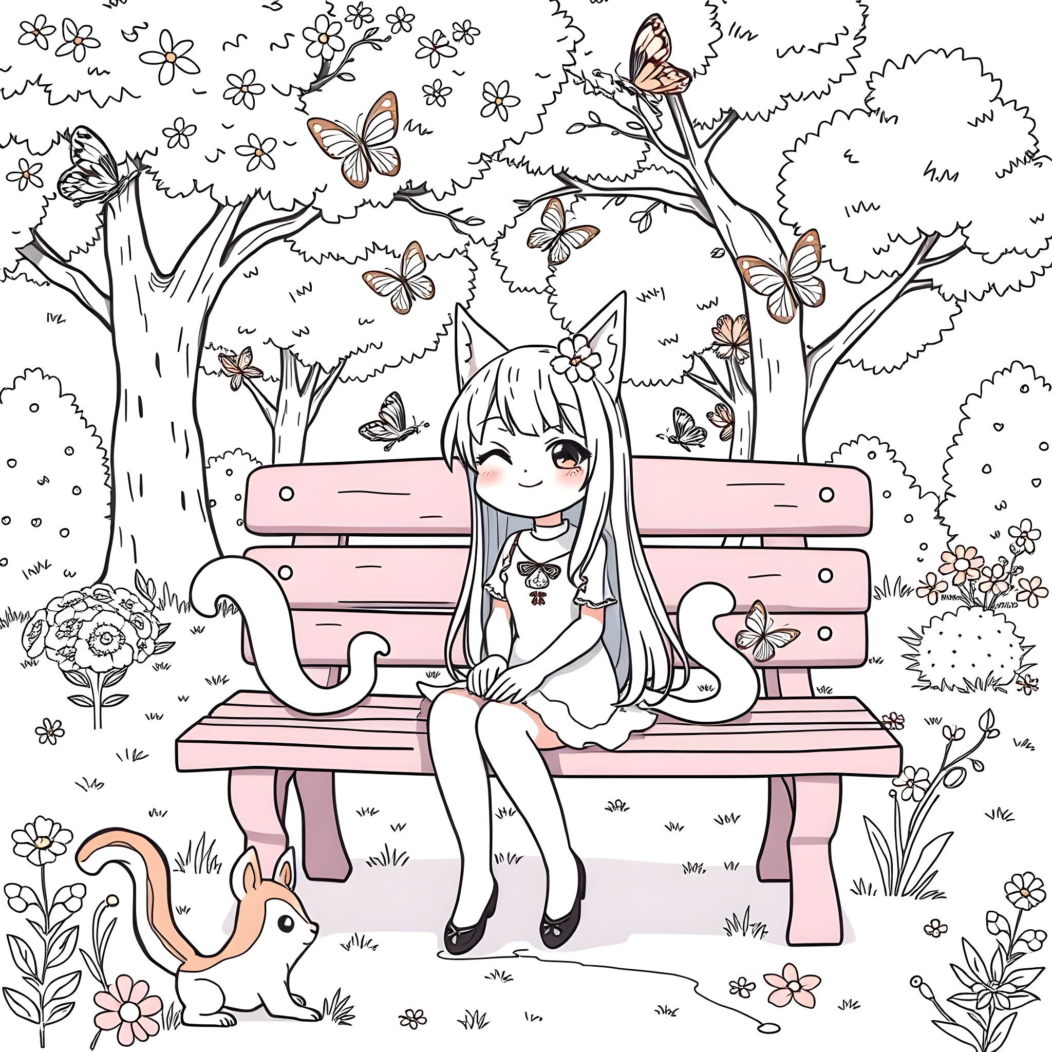 Kuromi relaxing on a bench in a floral garden Coloring Page (free black-and-white line drawing printable PDF for all, from beginners to advanced learners, including children, teens, adults, and seniors)