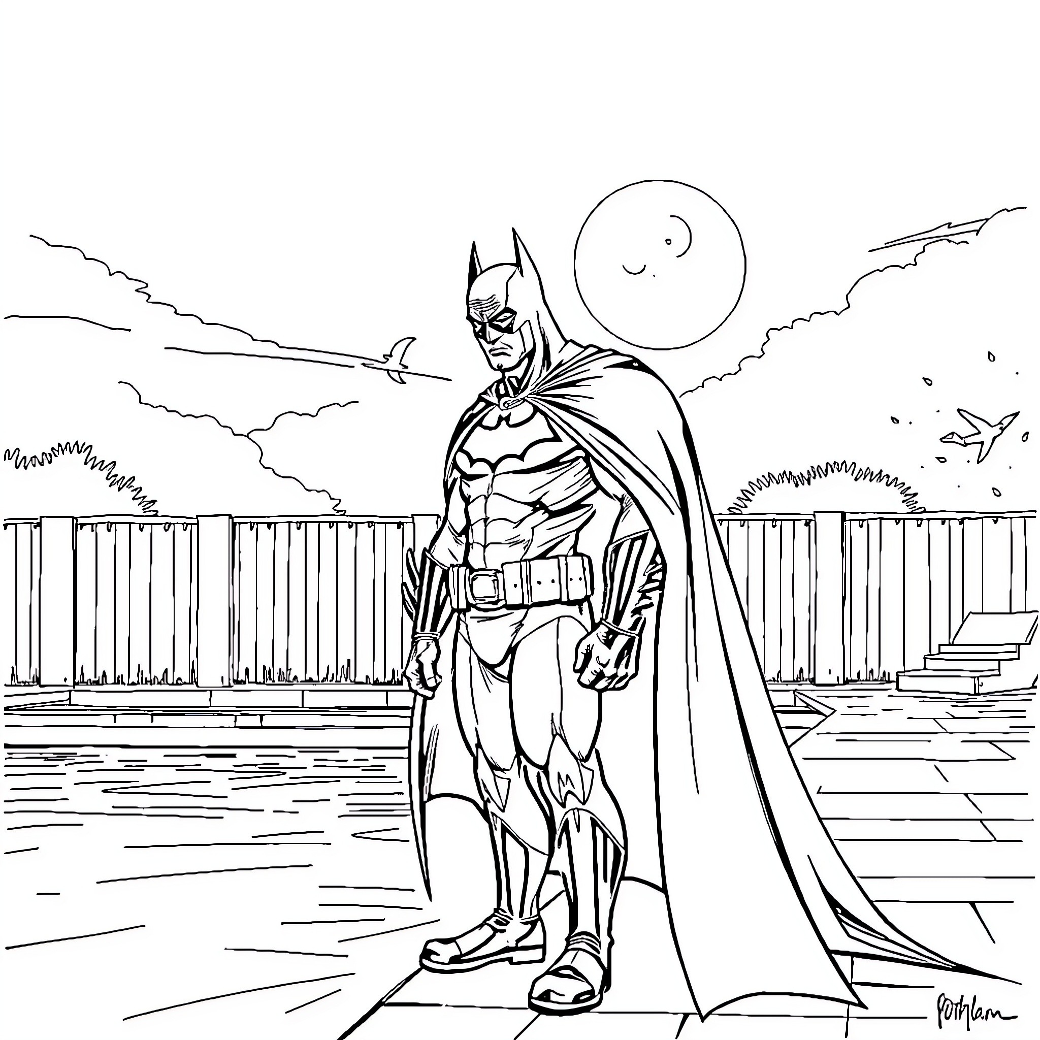 Batman standing tall under the moonlight Coloring Page (free black-and-white line drawing printable PDF for all, from beginners to advanced learners, including children, teens, adults, and seniors)