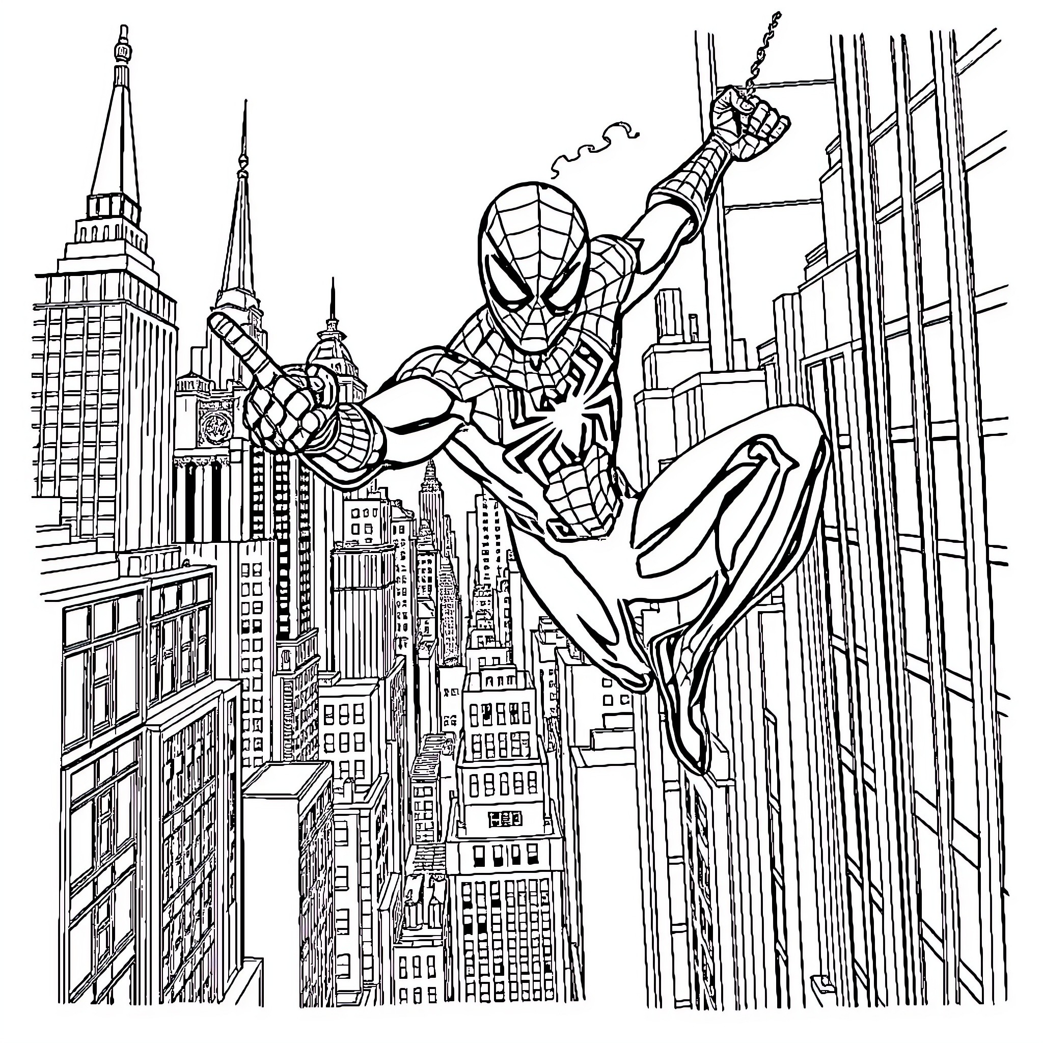 Spider-Man swinging through the city skyline Coloring Page (free black-and-white line drawing printable PDF for all, from beginners to advanced learners, including children, teens, adults, and seniors)