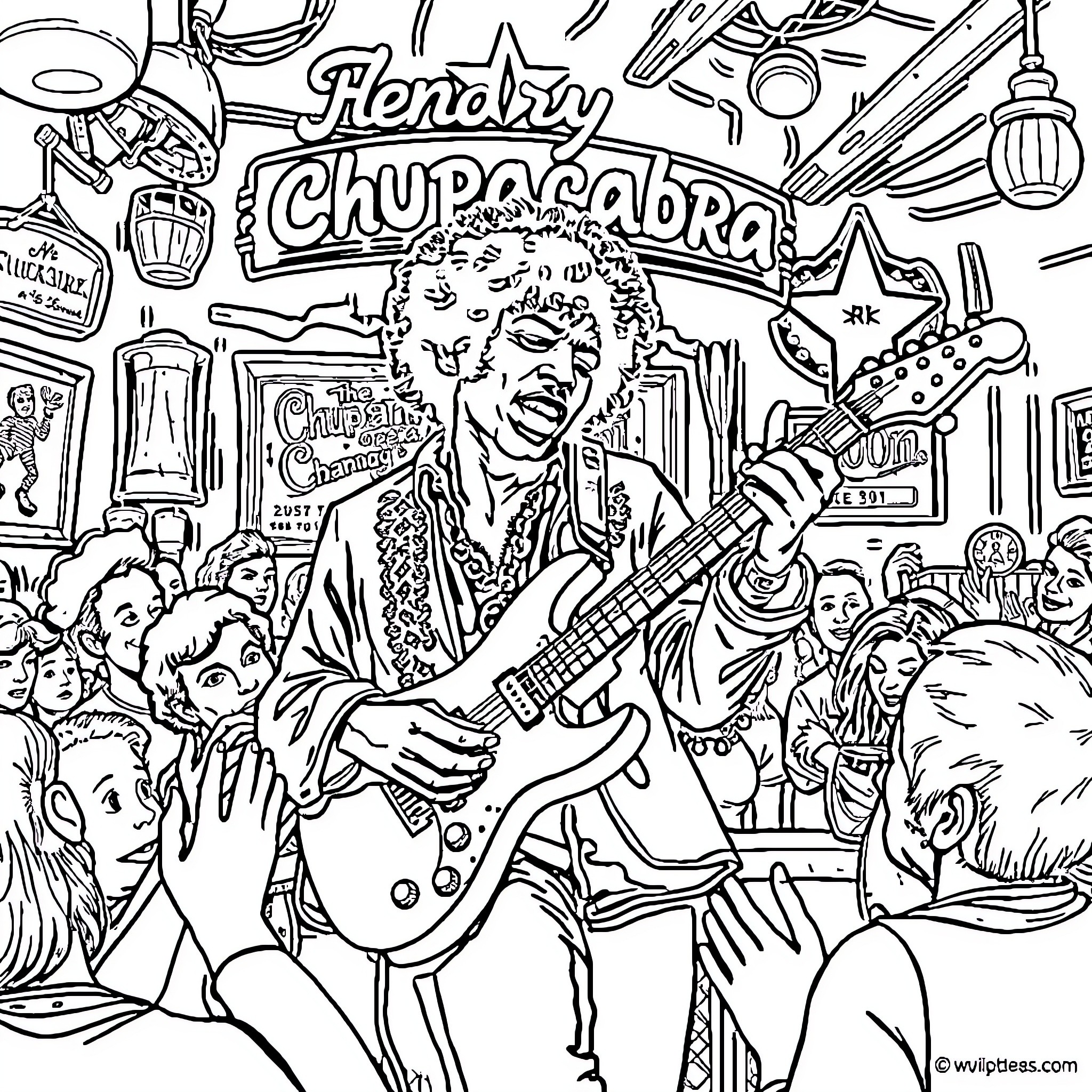 Jimmy Hendrix performing on stage with crowd Coloring Page (free black-and-white line drawing printable PDF for all, from beginners to advanced learners, including children, teens, adults, and seniors)