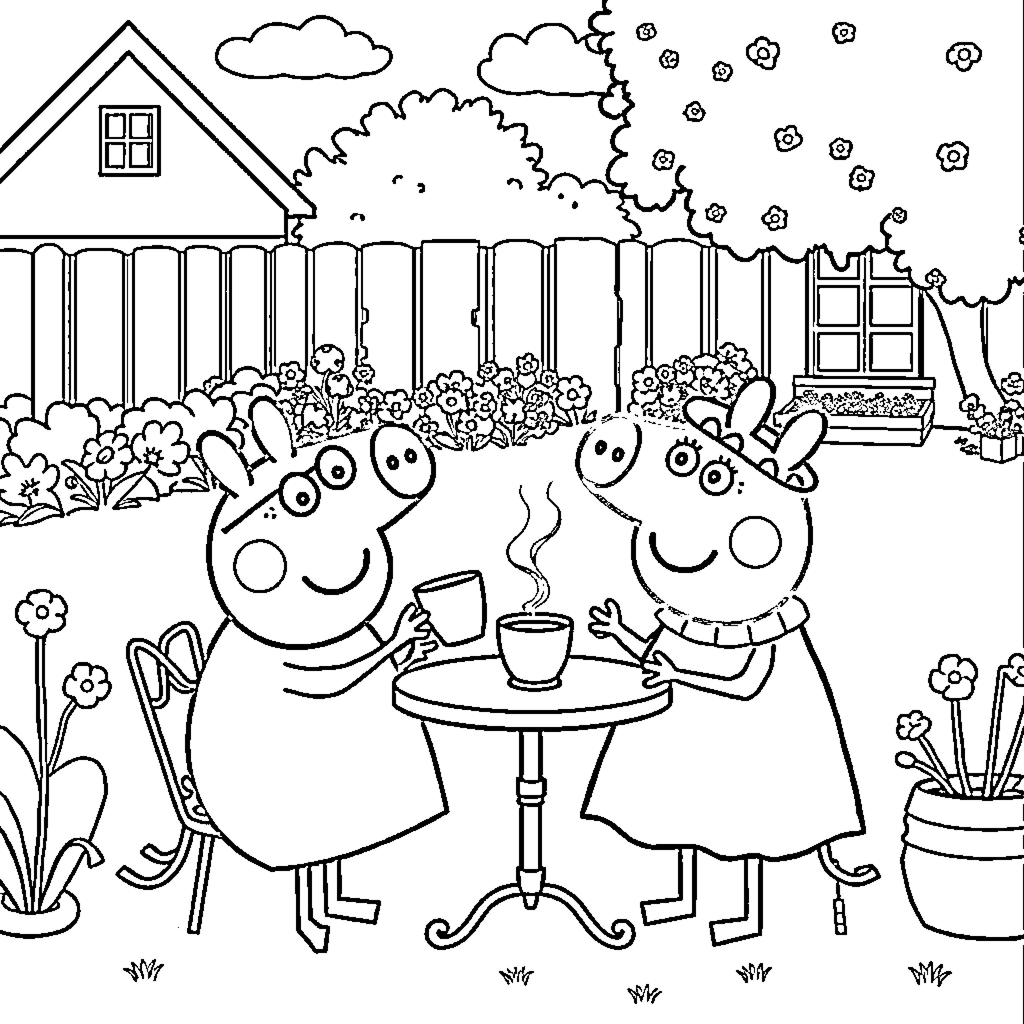 Peppa Pig and friends enjoying a picnic in the garden Coloring Page (free black-and-white line drawing printable PDF for all, from beginners to advanced learners, including children, teens, adults, and seniors)