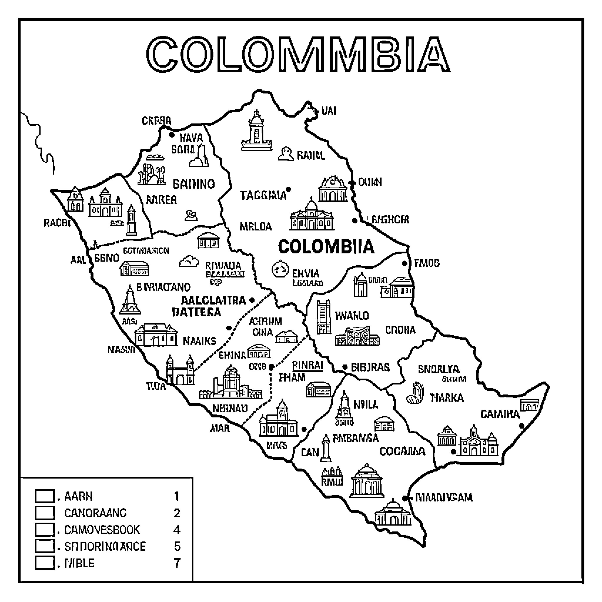 Colombia's Major Cities and Landmarks Coloring Page (free black-and-white line drawing printable PDF for all, from beginners to advanced learners, including children, teens, adults, and seniors)