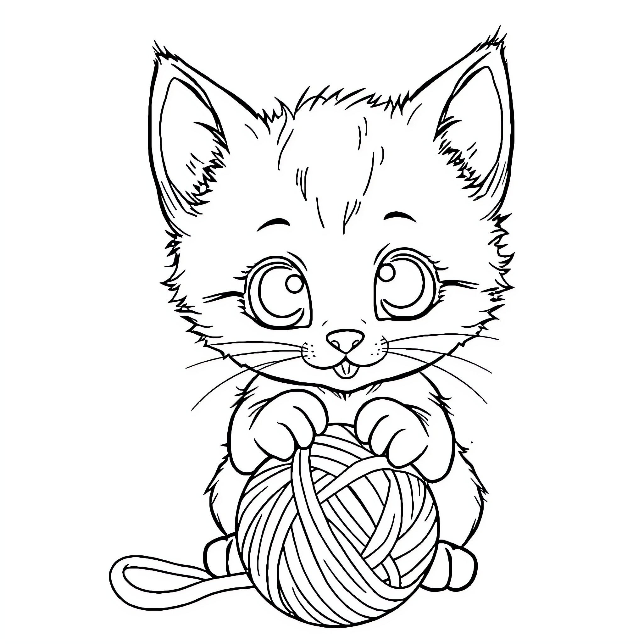 Kitten playing with yarn in black and white Coloring Page (free black-and-white line drawing printable PDF for all, from beginners to advanced learners, including children, teens, adults, and seniors)