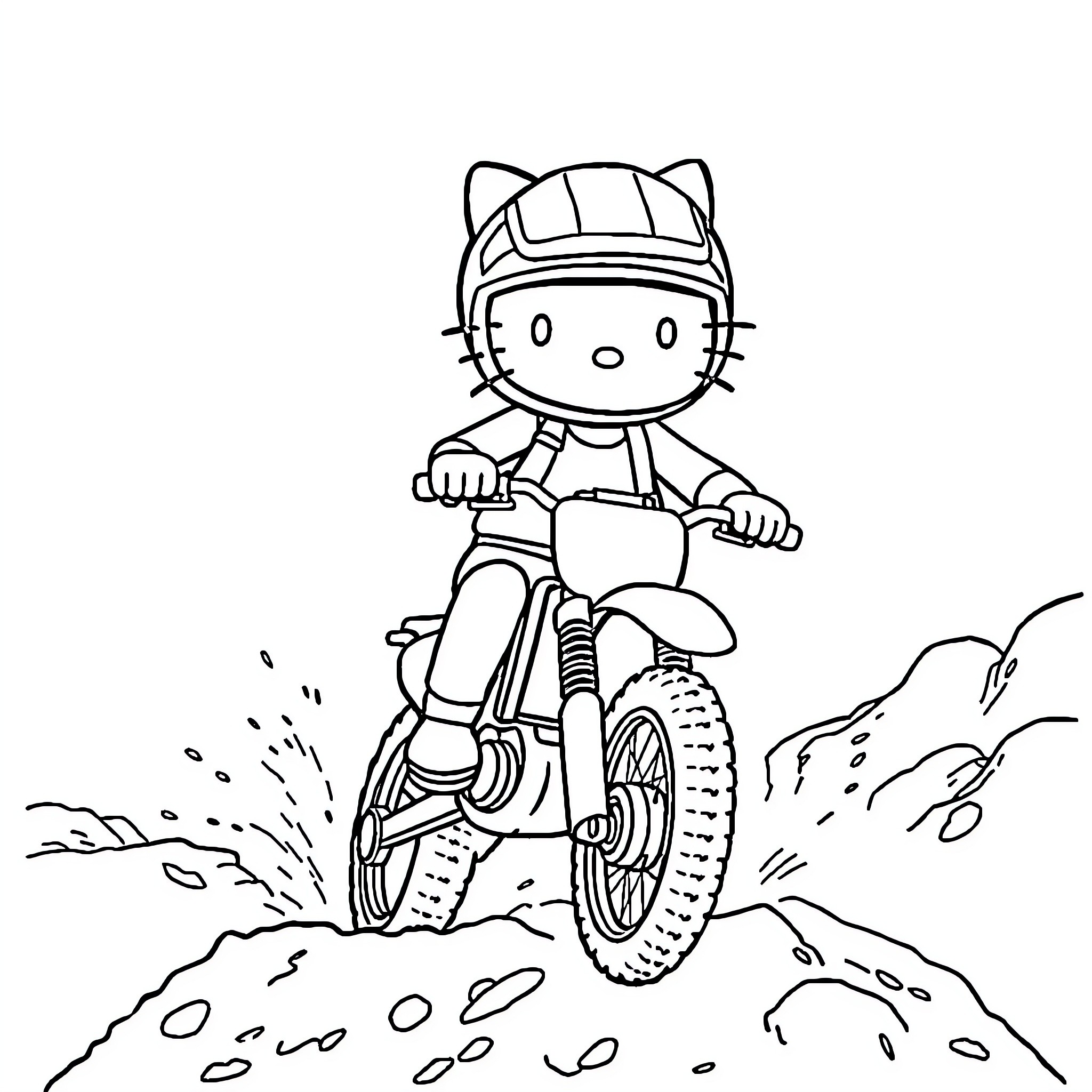 Hello Kitty riding a dirt bike on the trail Coloring Page (free black-and-white line drawing printable PDF for all, from beginners to advanced learners, including children, teens, adults, and seniors)
