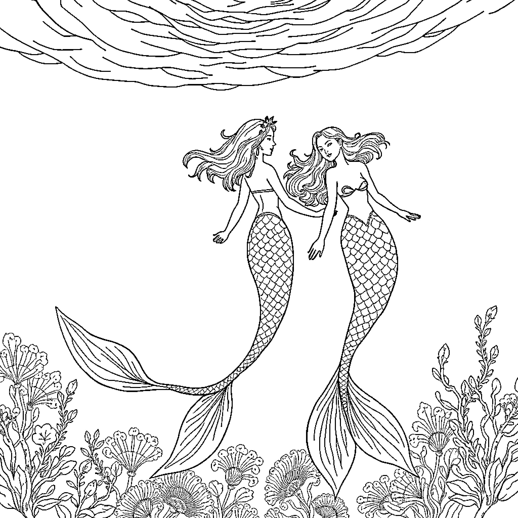 Mermaid sisters exploring the ocean depths Coloring Page (free black-and-white line drawing printable PDF for all, from beginners to advanced learners, including children, teens, adults, and seniors)