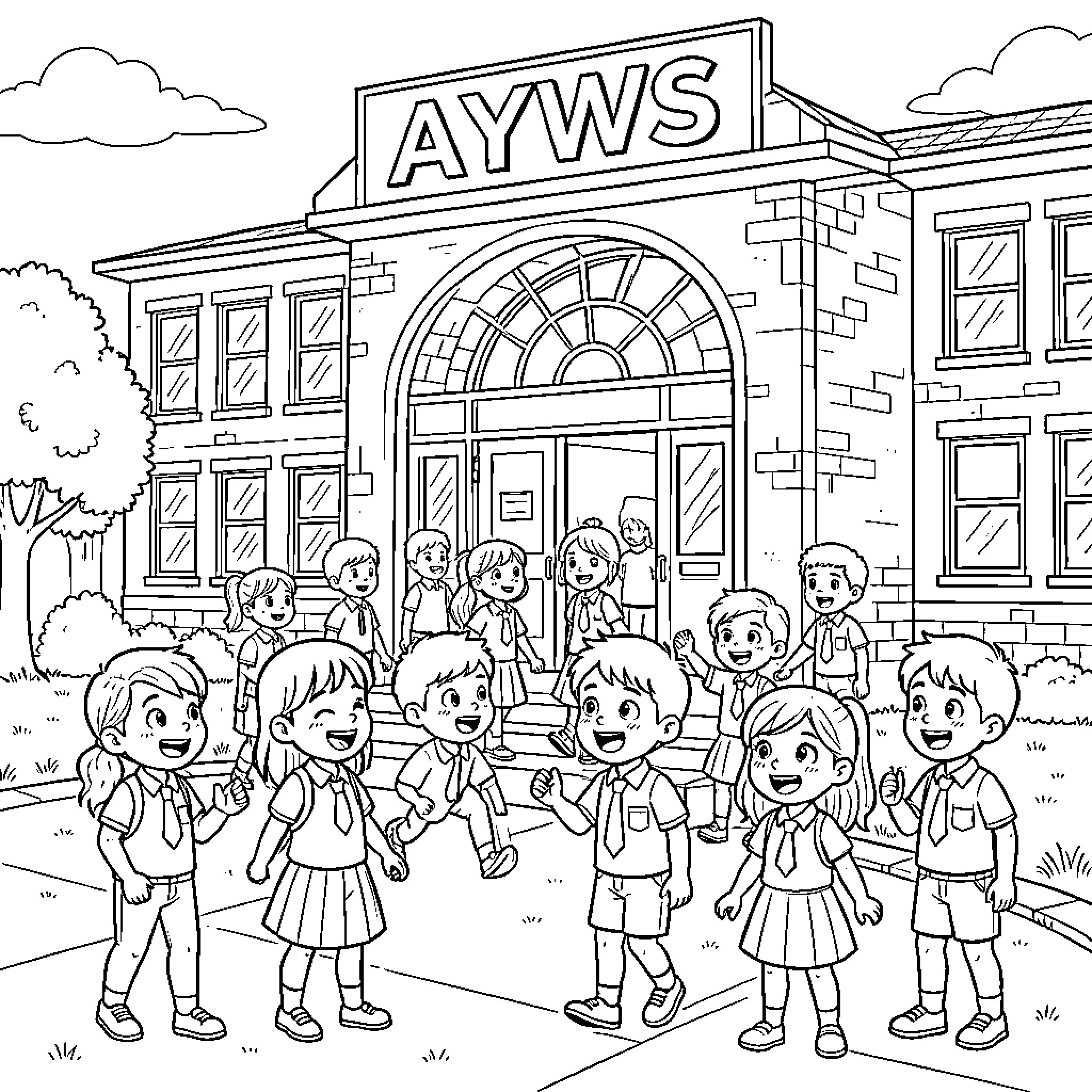 Child students walking and smiling in front of school Coloring Page (free black-and-white line drawing printable PDF for all, from beginners to advanced learners, including children, teens, adults, and seniors)