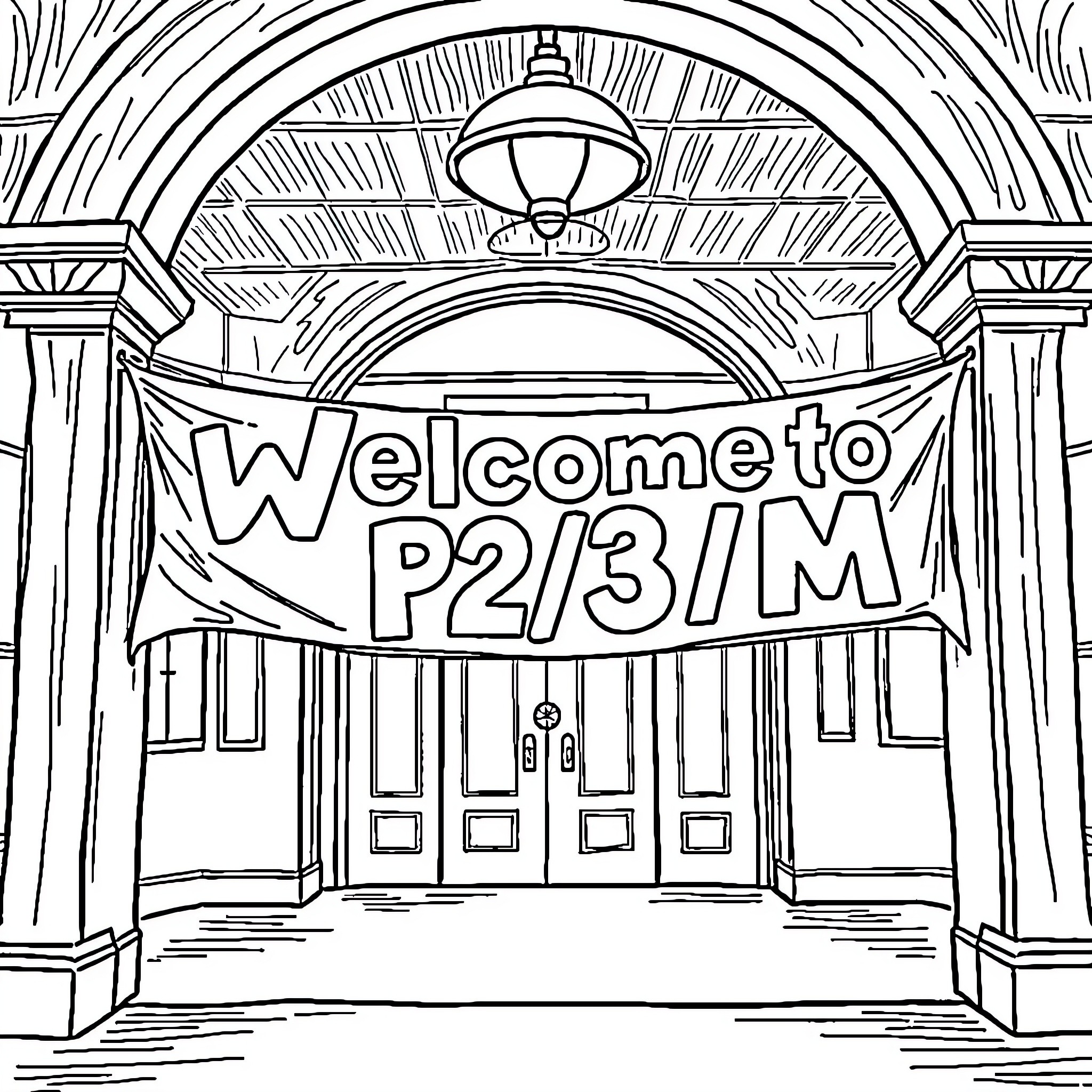 Banner with Welcome message for P2/3/M Coloring Page (free black-and-white line drawing printable PDF for all, from beginners to advanced learners, including children, teens, adults, and seniors)