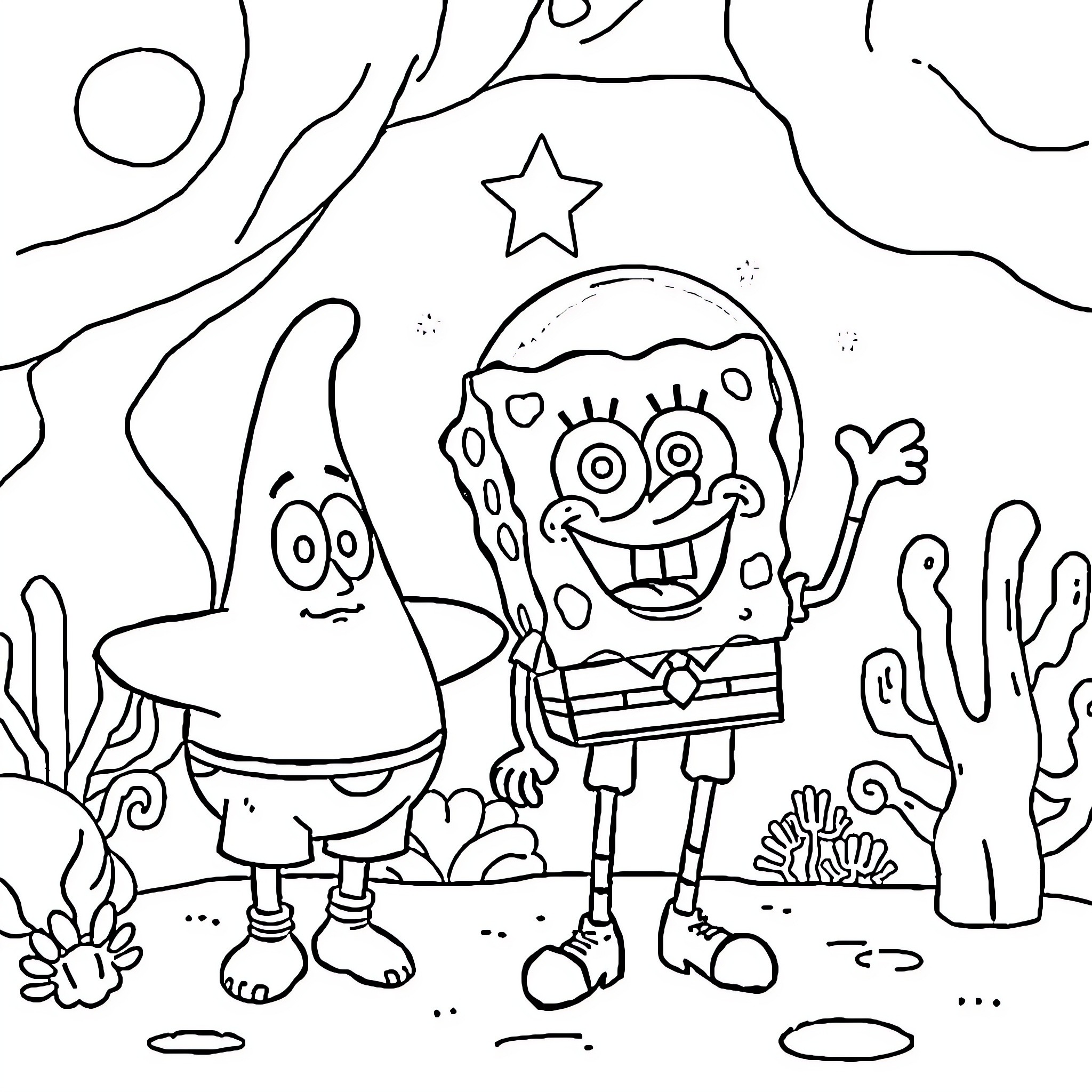 Spongebob and Patrick having fun in an underwater scene Coloring Page (free black-and-white line drawing printable PDF for all, from beginners to advanced learners, including children, teens, adults, and seniors)