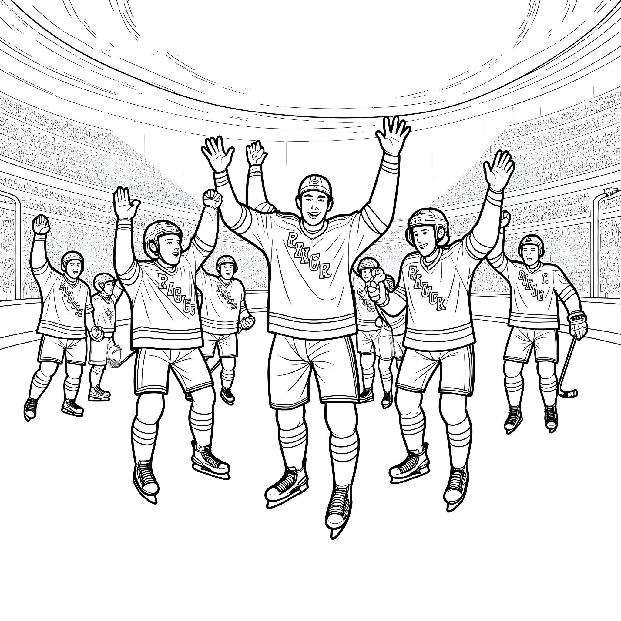 New York Rangers Hockey Players Celebrating Victory Coloring Page (free black-and-white line drawing printable PDF for all, from beginners to advanced learners, including children, teens, adults, and seniors)