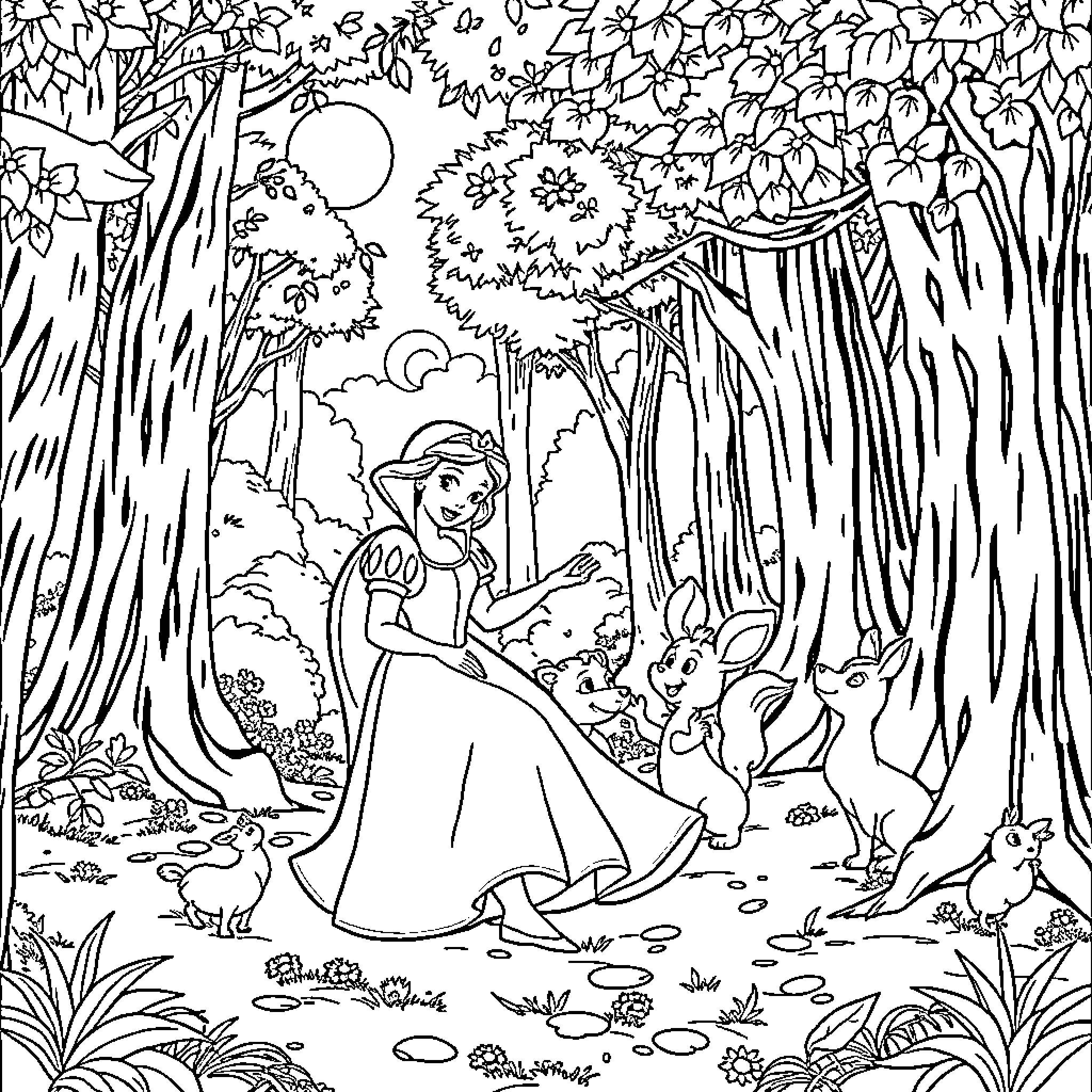 Snow White wandering through the enchanted forest Coloring Page (free black-and-white line drawing printable PDF for all, from beginners to advanced learners, including children, teens, adults, and seniors)