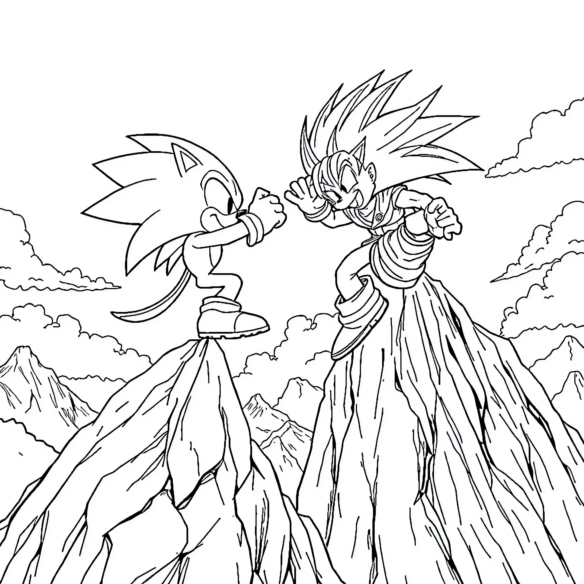 Sonic characters in an epic battle on a mountainous landscape Coloring Page (free black-and-white line drawing printable PDF for all, from beginners to advanced learners, including children, teens, adults, and seniors)