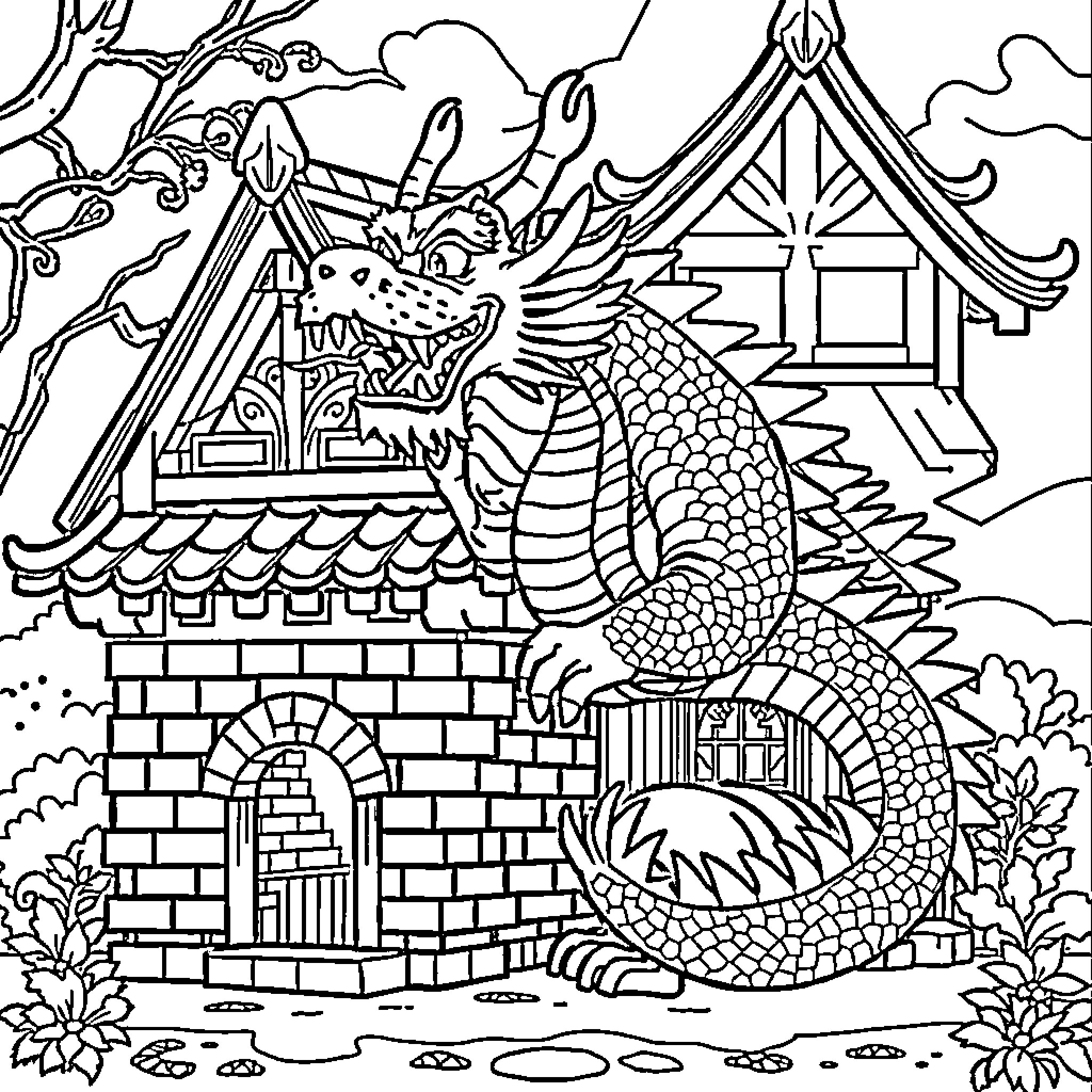 Dragon protecting its enchanted castle Coloring Page (free black-and-white line drawing printable PDF for all, from beginners to advanced learners, including children, teens, adults, and seniors)