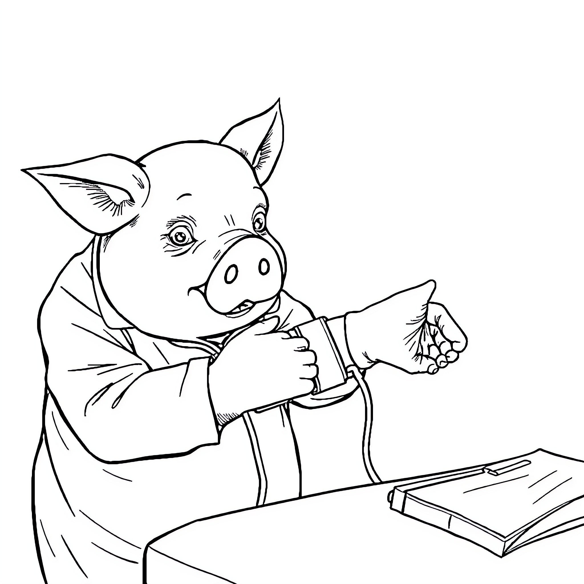 Pig studying books diligently in the classroom Coloring Page (free black-and-white line drawing printable PDF for all, from beginners to advanced learners, including children, teens, adults, and seniors)