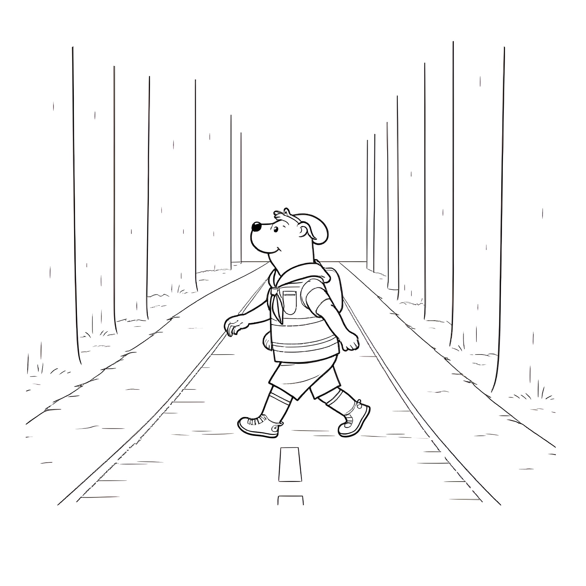 Beaver walks along an empty train track Coloring Page (free black-and-white line drawing printable PDF for all, from beginners to advanced learners, including children, teens, adults, and seniors)