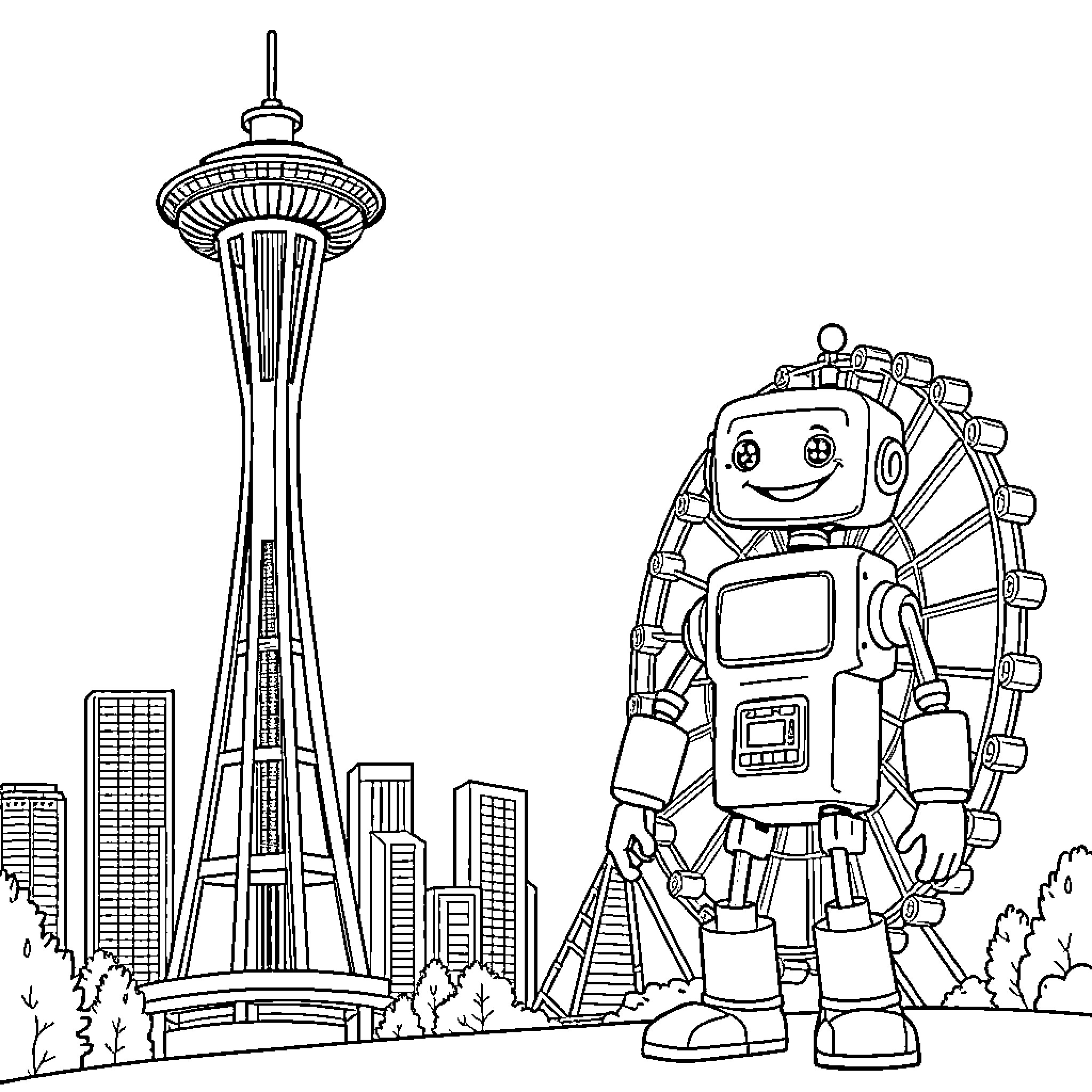 Robot exploring the city skyline Coloring Page (free black-and-white line drawing printable PDF for all, from beginners to advanced learners, including children, teens, adults, and seniors)