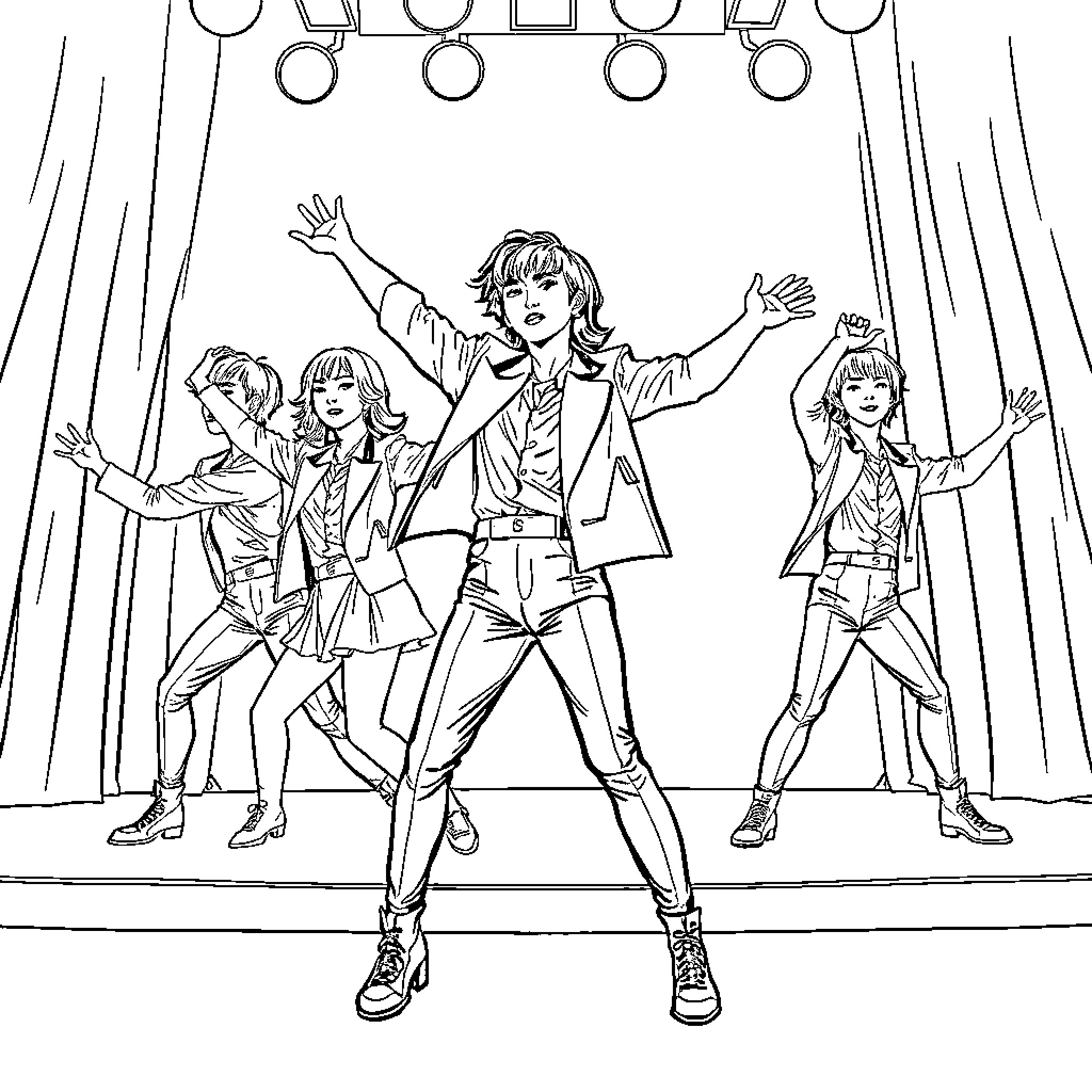 Gerreras on Stage: Musical Performance Coloring Page (free black-and-white line drawing printable PDF for all, from beginners to advanced learners, including children, teens, adults, and seniors)