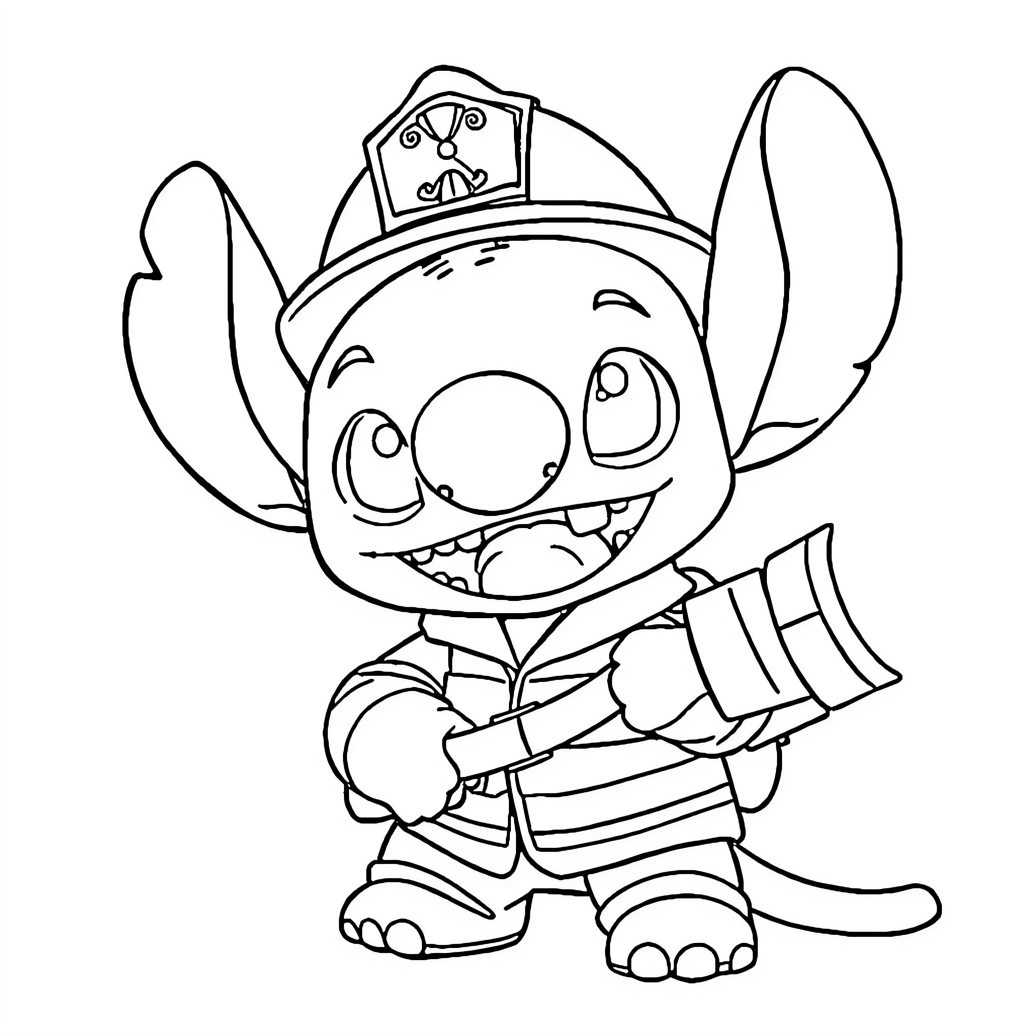 Stitch in Firefighter Uniform Coloring Page (free black-and-white line drawing printable PDF for all, from beginners to advanced learners, including children, teens, adults, and seniors)
