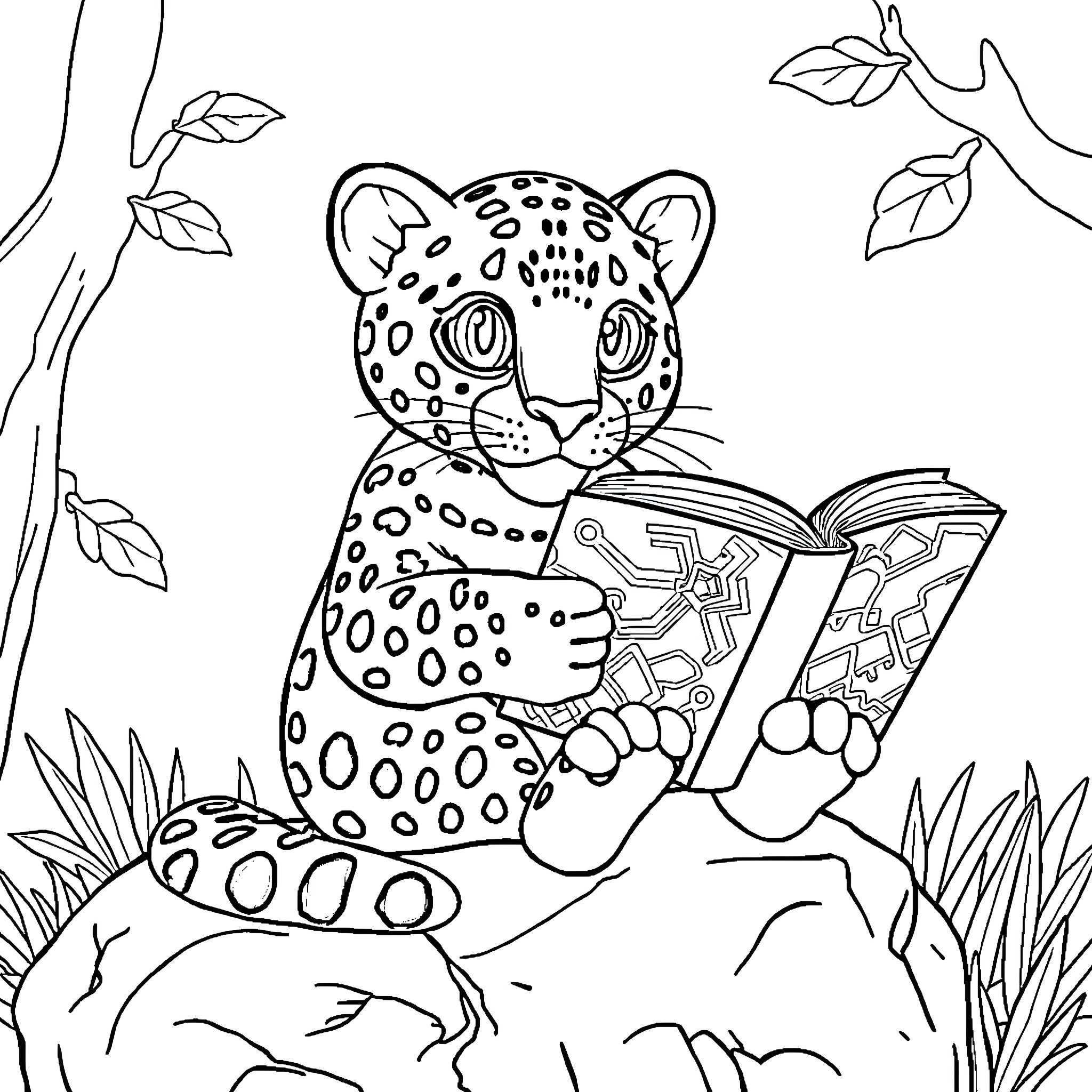 Jaguar reading a book in the jungle Coloring Page (free black-and-white line drawing printable PDF for all, from beginners to advanced learners, including children, teens, adults, and seniors)