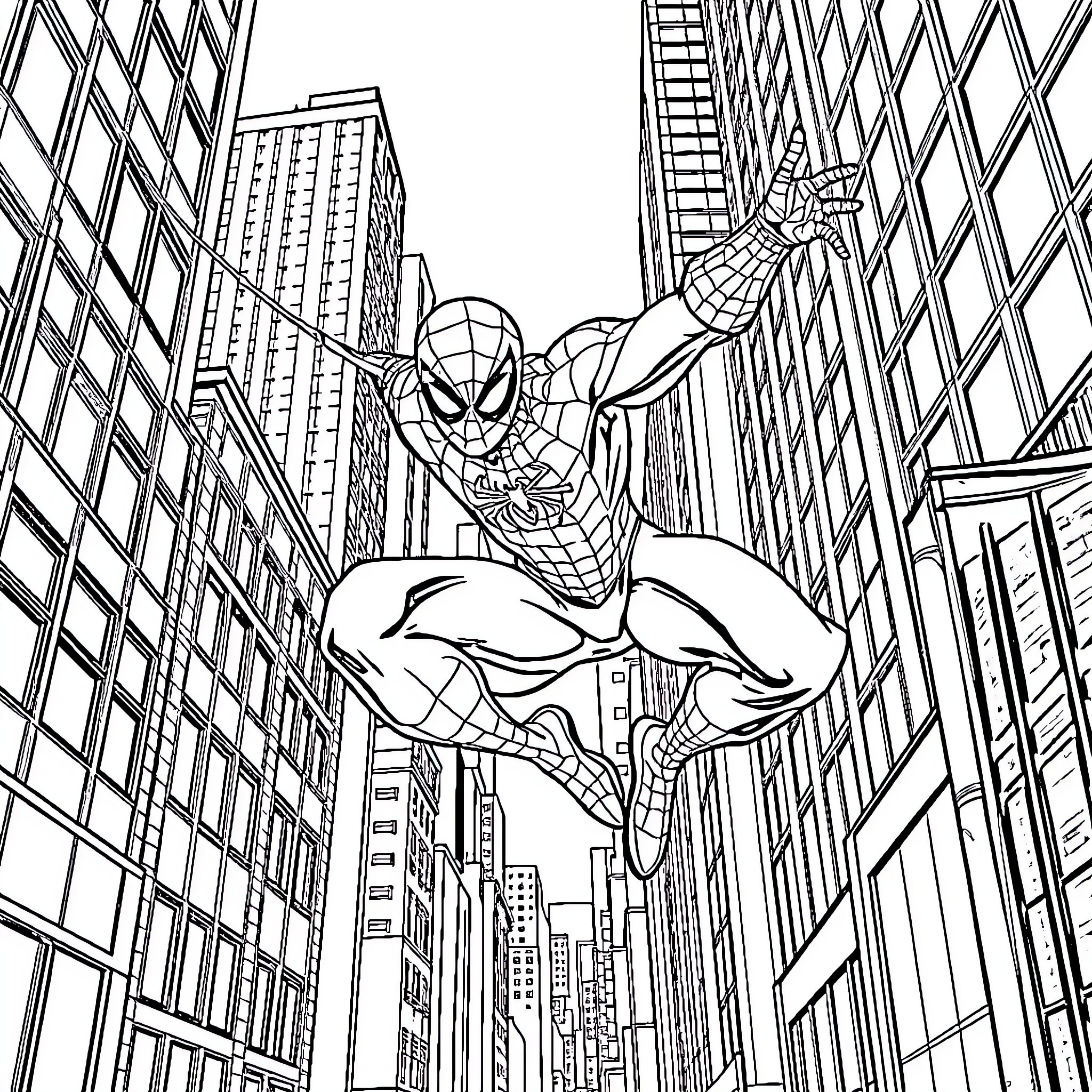 Spiderman swinging through the city Coloring Page (free black-and-white line drawing printable PDF for all, from beginners to advanced learners, including children, teens, adults, and seniors)