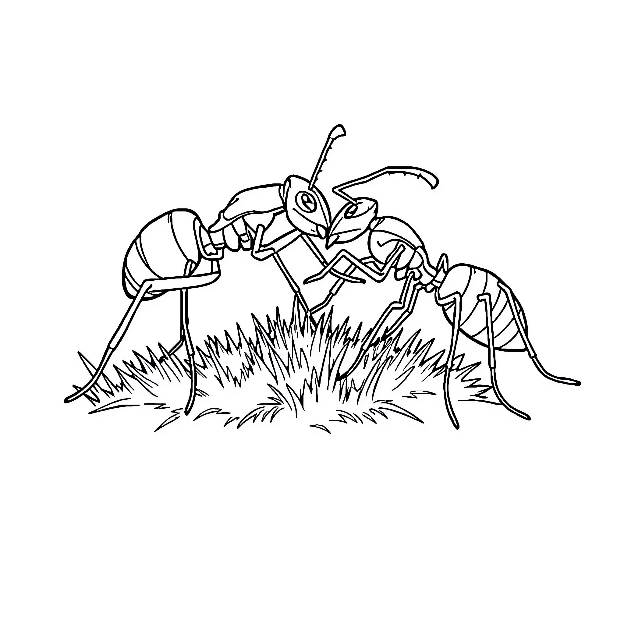 Ant Gathering Food in the Grass Coloring Page (free black-and-white line drawing printable PDF for all, from beginners to advanced learners, including children, teens, adults, and seniors)