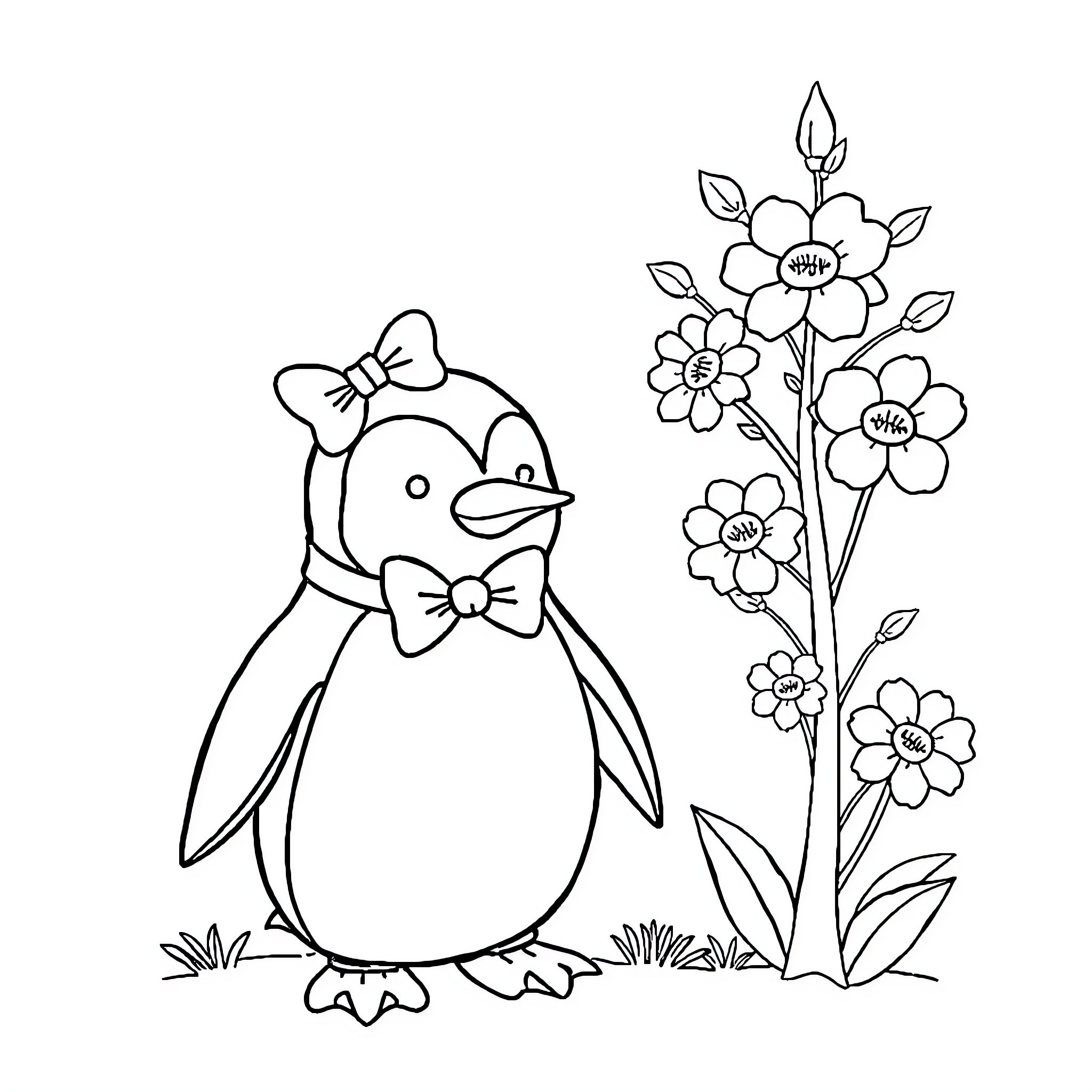 Penguin with bow tie and flowers Coloring Page (free black-and-white line drawing printable PDF for all, from beginners to advanced learners, including children, teens, adults, and seniors)