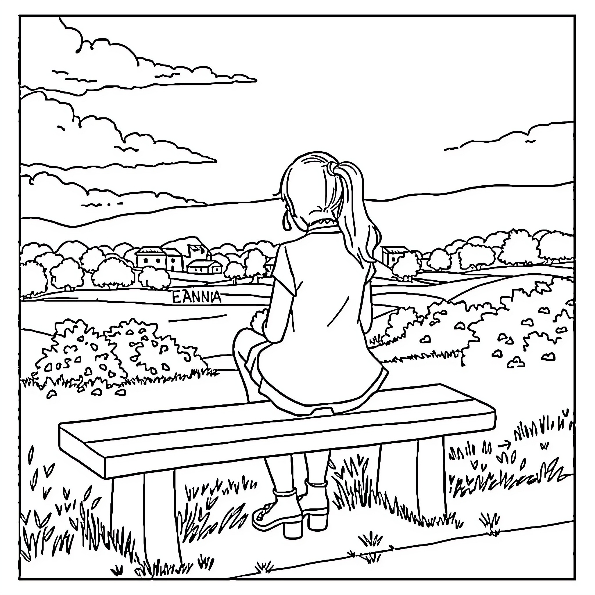 Girl sitting alone on a bench overlooking a village Coloring Page (free black-and-white line drawing printable PDF for all, from beginners to advanced learners, including children, teens, adults, and seniors)