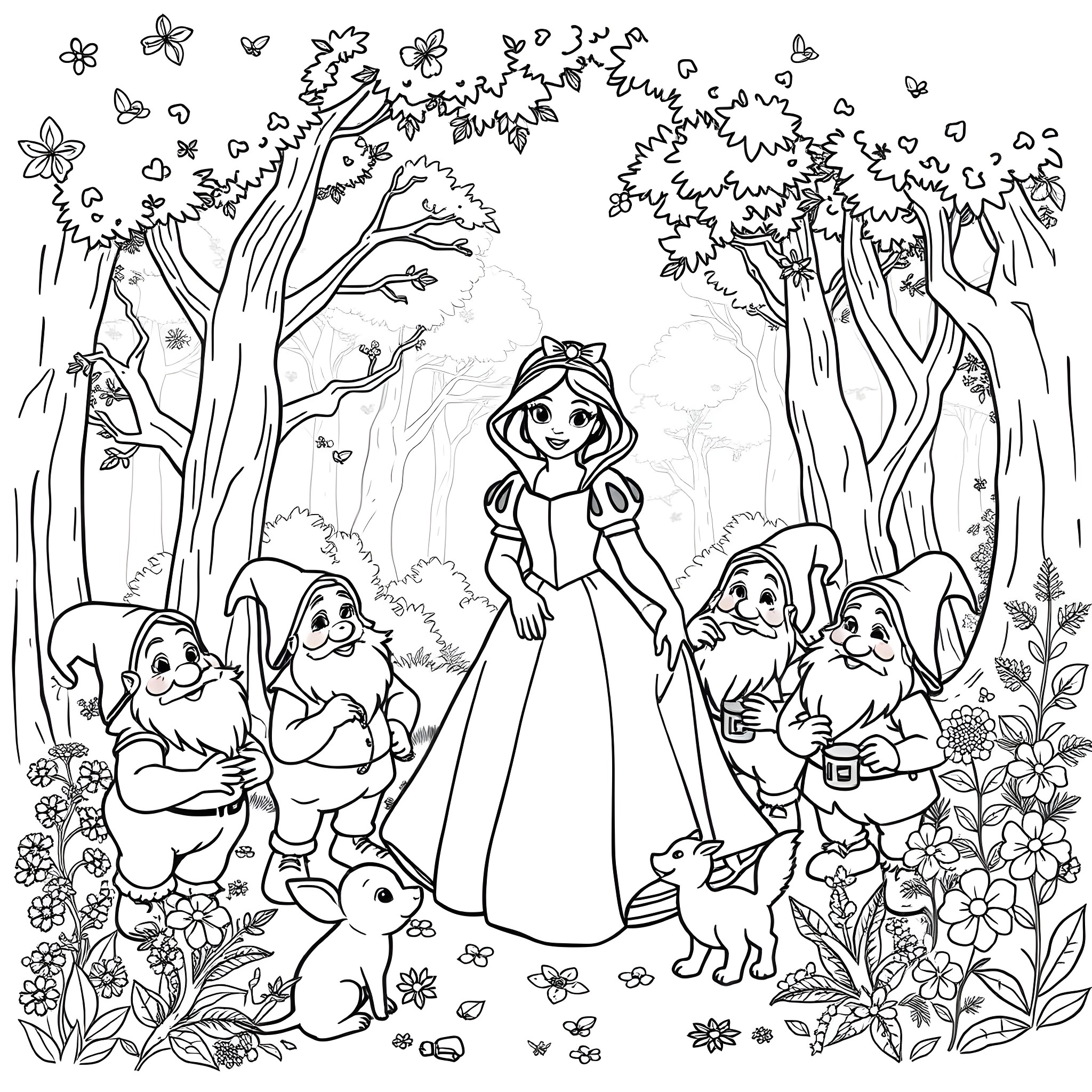 Snow White surrounded by forest animals in a magical woodland scene Coloring Page (free black-and-white line drawing printable PDF for all, from beginners to advanced learners, including children, teens, adults, and seniors)