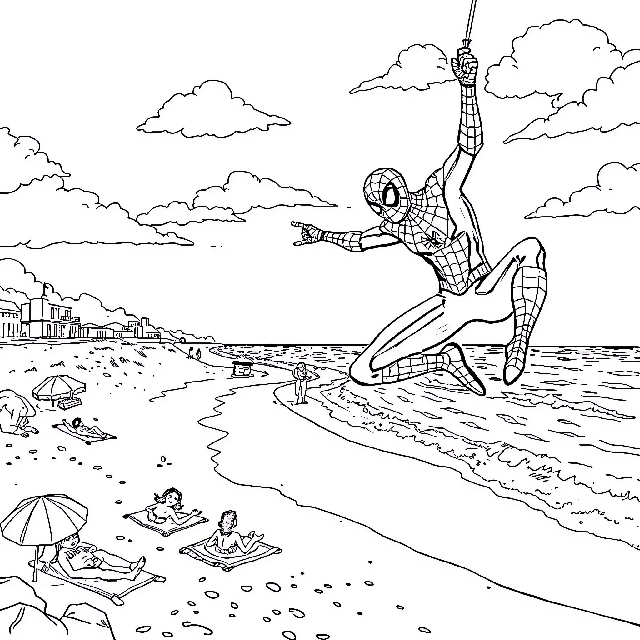 Spiderman swinging over a beachside city Coloring Page (free black-and-white line drawing printable PDF for all, from beginners to advanced learners, including children, teens, adults, and seniors)