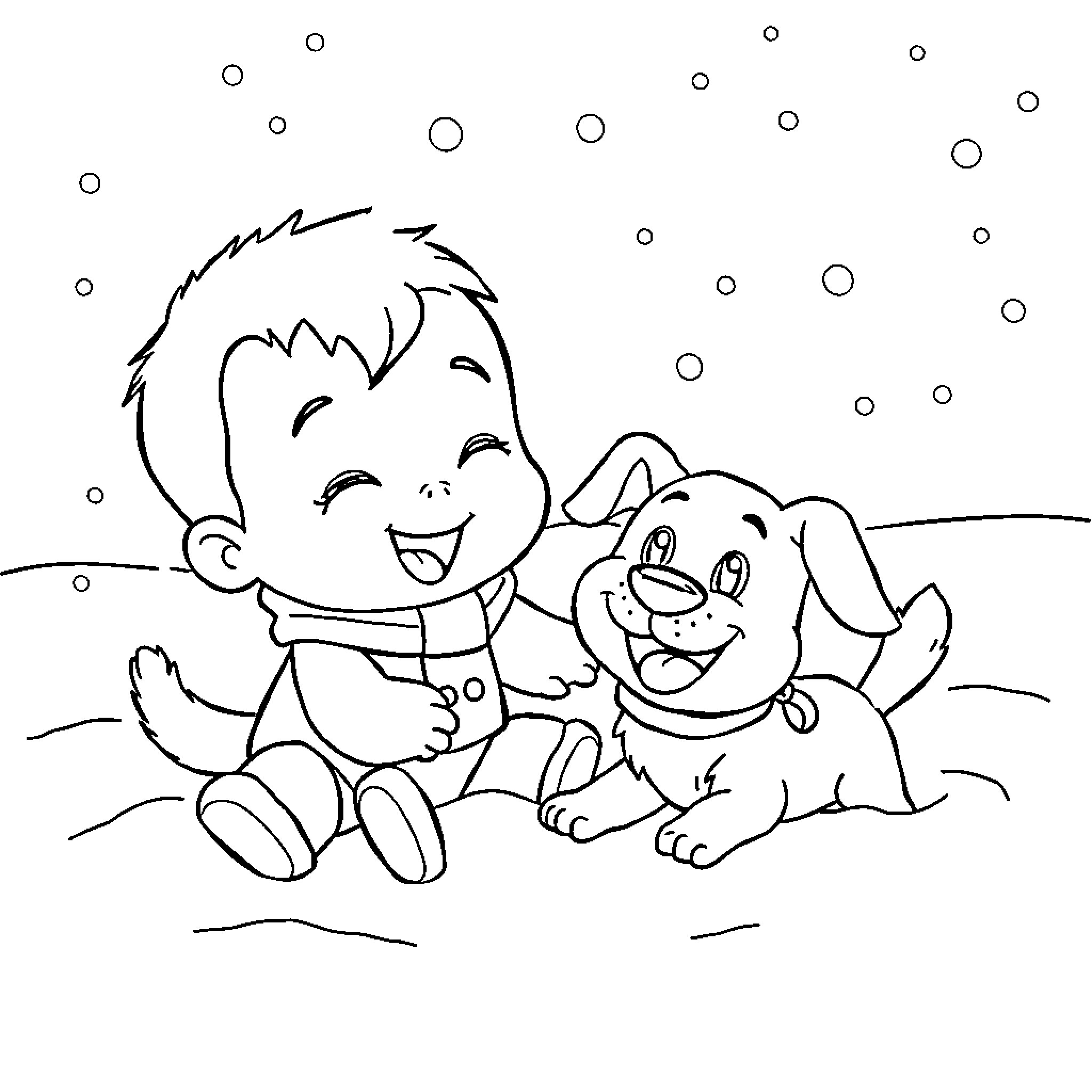 JJ Boy playing joyfully with puppy in the snow Coloring Page (free black-and-white line drawing printable PDF for all, from beginners to advanced learners, including children, teens, adults, and seniors)