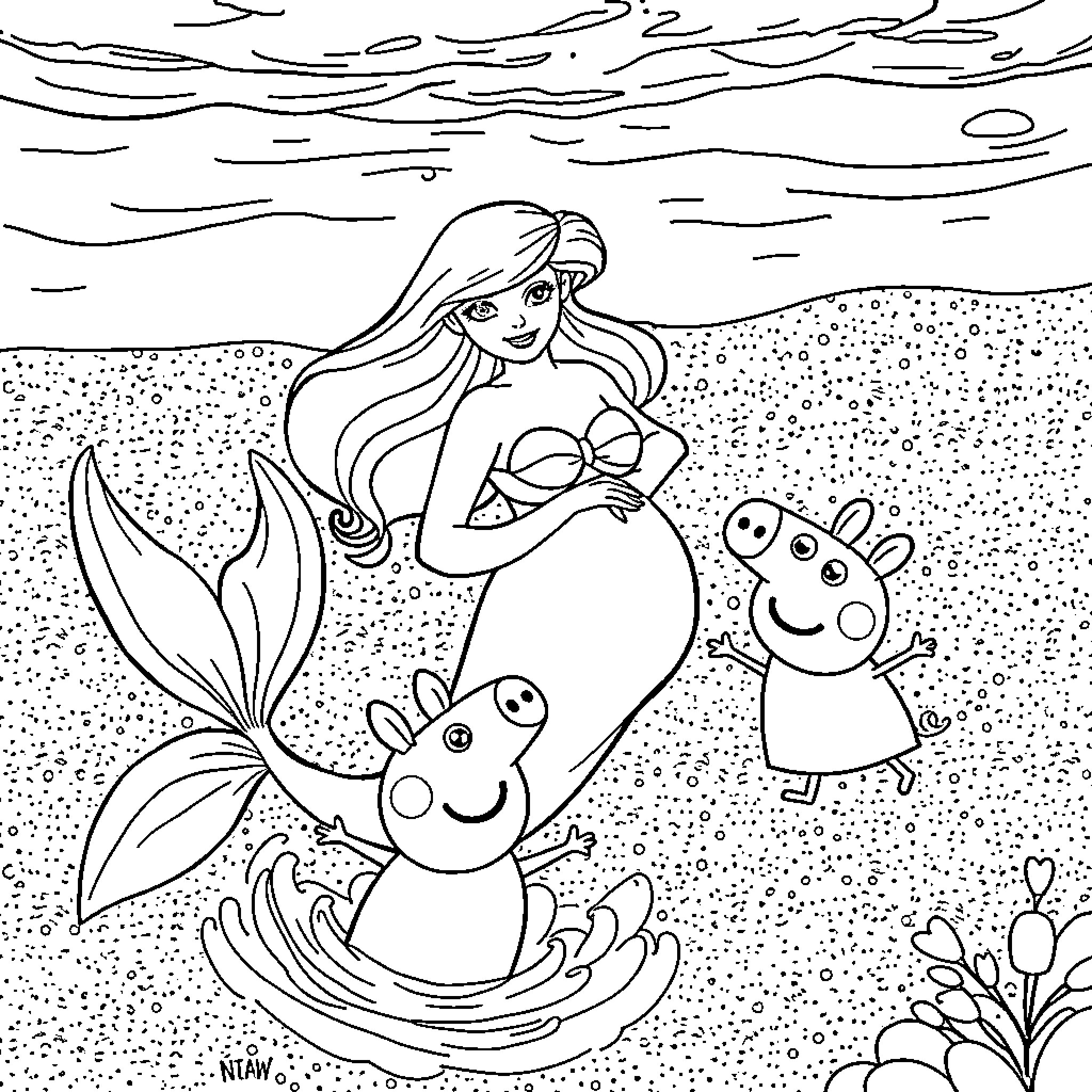 Ariel exploring the ocean with Peppa Pig Coloring Page (free black-and-white line drawing printable PDF for all, from beginners to advanced learners, including children, teens, adults, and seniors)