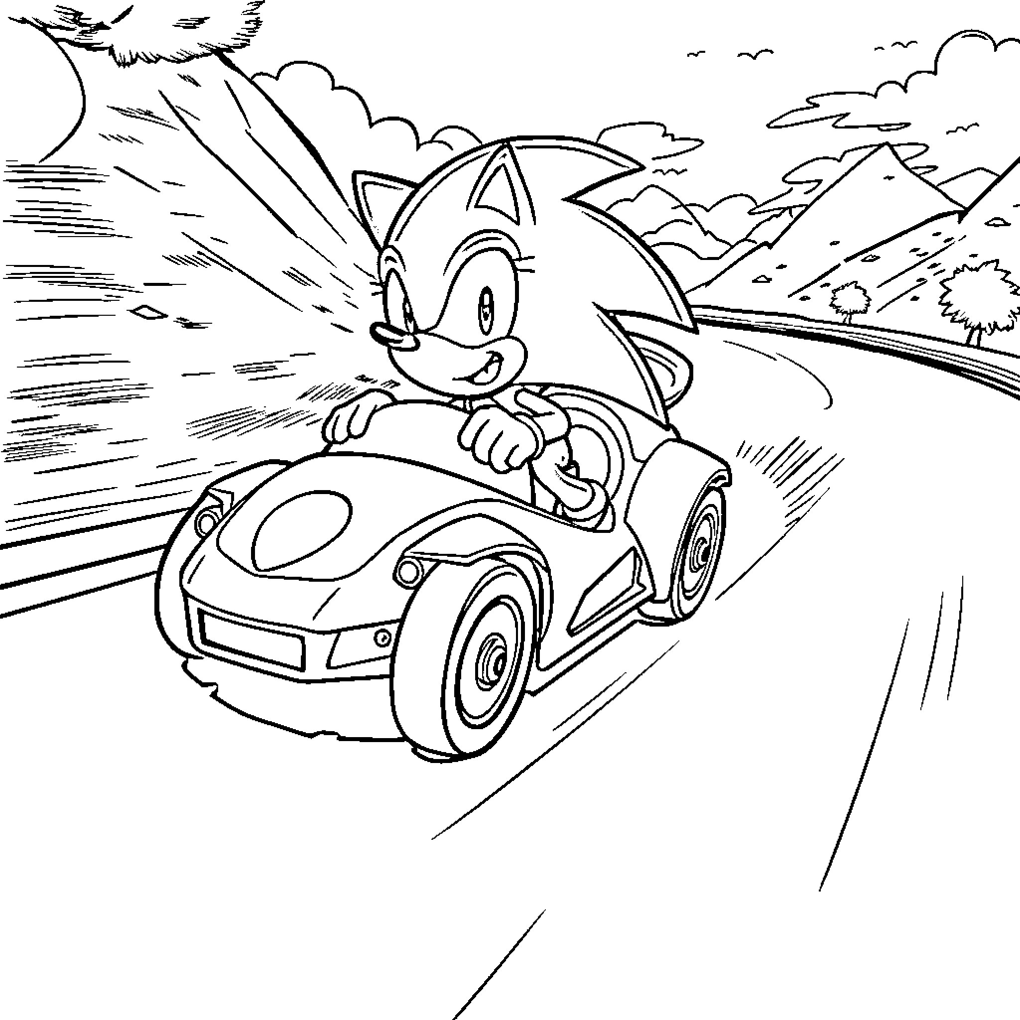 Sonic speeding through the mountains in his car Coloring Page (free black-and-white line drawing printable PDF for all, from beginners to advanced learners, including children, teens, adults, and seniors)