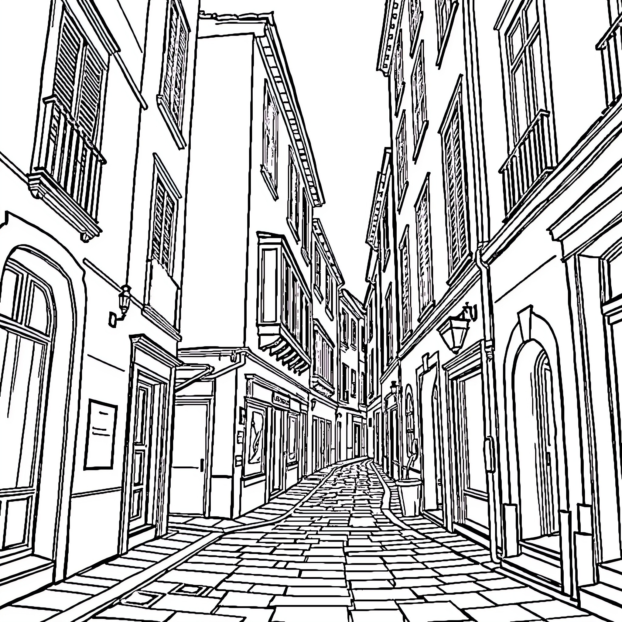 Calle - Narrow alleyway between historic buildings Coloring Page (free black-and-white line drawing printable PDF for all, from beginners to advanced learners, including children, teens, adults, and seniors)