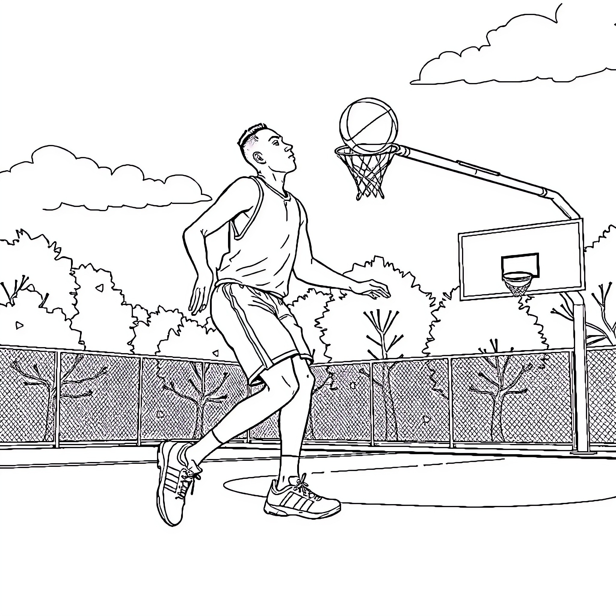 Basketball Player Shooting Hoops Outdoors Coloring Page (free black-and-white line drawing printable PDF for all, from beginners to advanced learners, including children, teens, adults, and seniors)