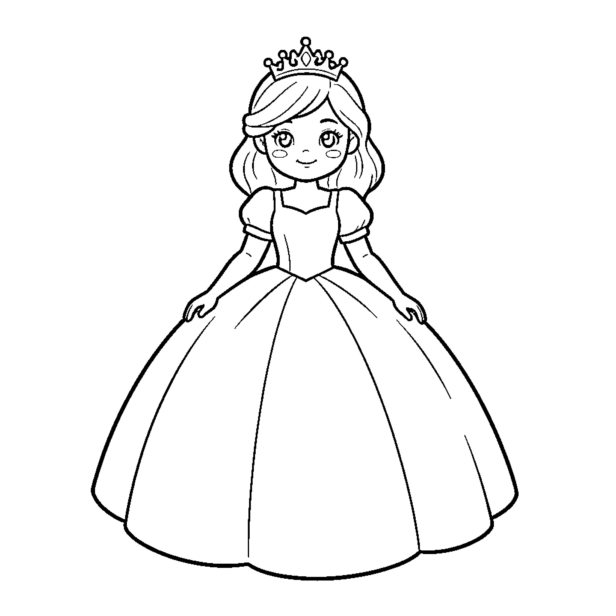 Princess in Elegant Ball Gown Coloring Page (free black-and-white line drawing printable PDF for all, from beginners to advanced learners, including children, teens, adults, and seniors)