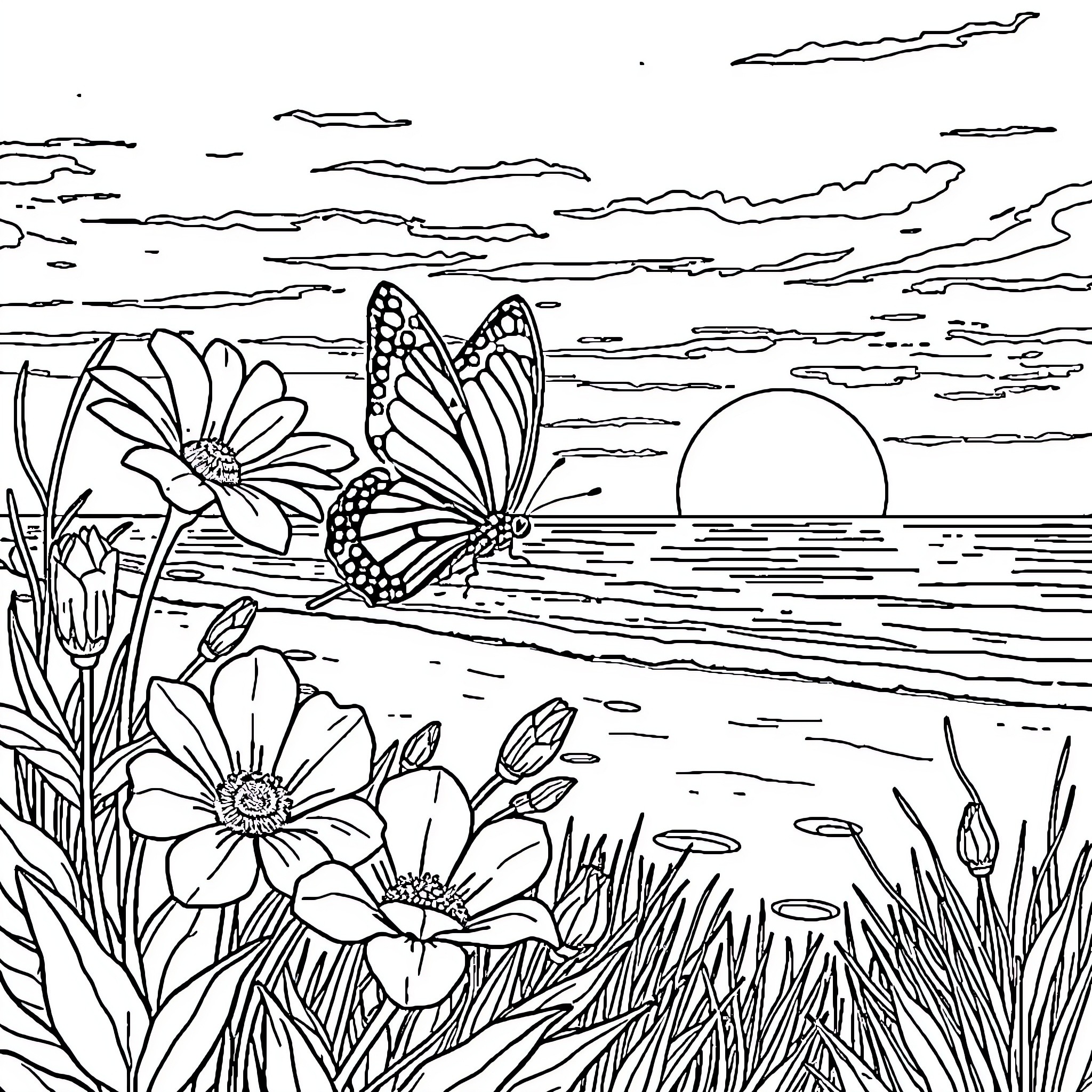Butterfly Harmony in the Serene Landscape Coloring Page (free black-and-white line drawing printable PDF for all, from beginners to advanced learners, including children, teens, adults, and seniors)