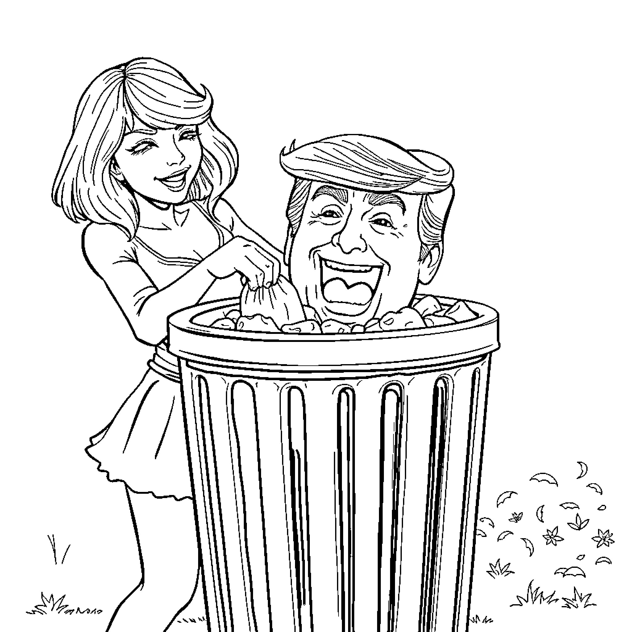 Taylor Swift Helping Donald Trump into the Trash Coloring Page (free black-and-white line drawing printable PDF for all, from beginners to advanced learners, including children, teens, adults, and seniors)