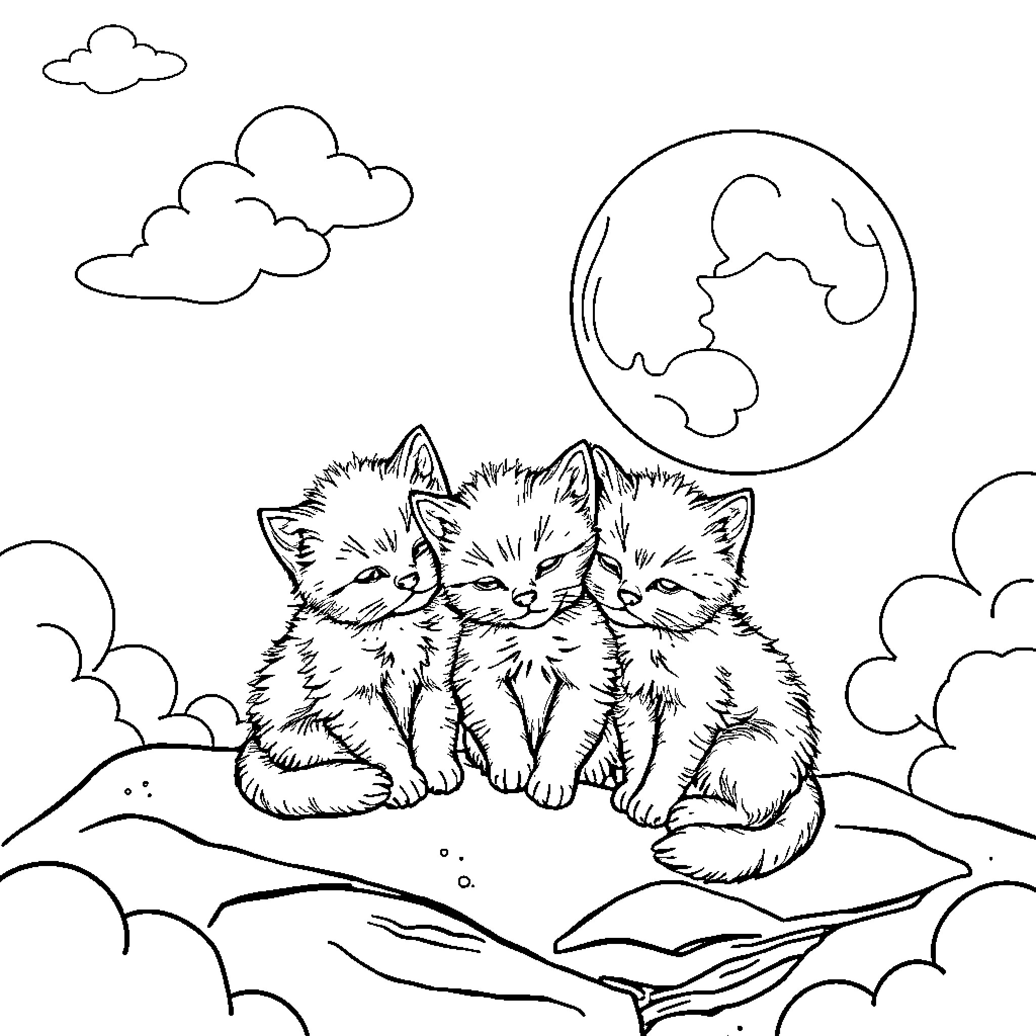 Kittens Cuddling Under Starry Sky Coloring Page (free black-and-white line drawing printable PDF for all, from beginners to advanced learners, including children, teens, adults, and seniors)