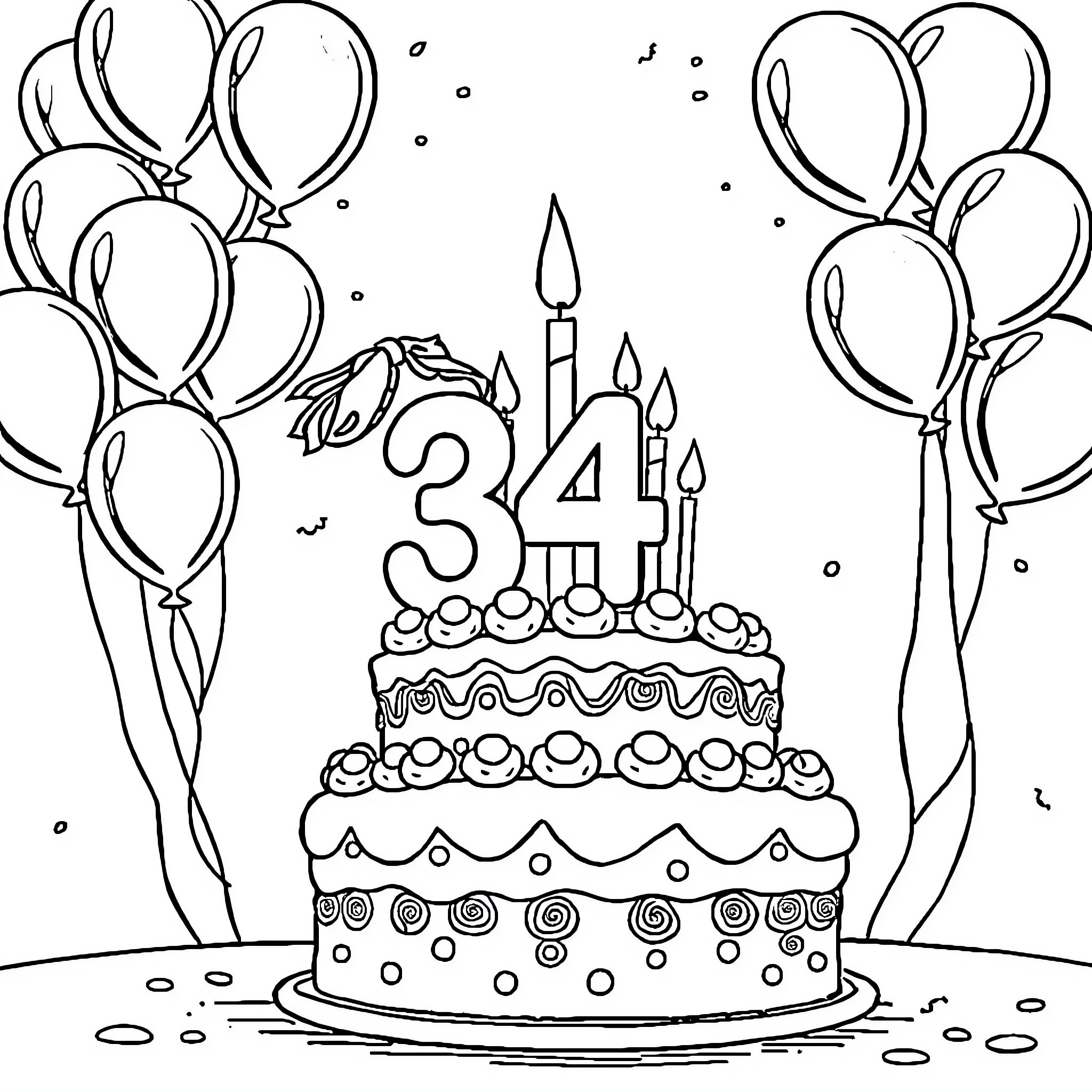Birthday celebration with cake and balloons Coloring Page (free black-and-white line drawing printable PDF for all, from beginners to advanced learners, including children, teens, adults, and seniors)