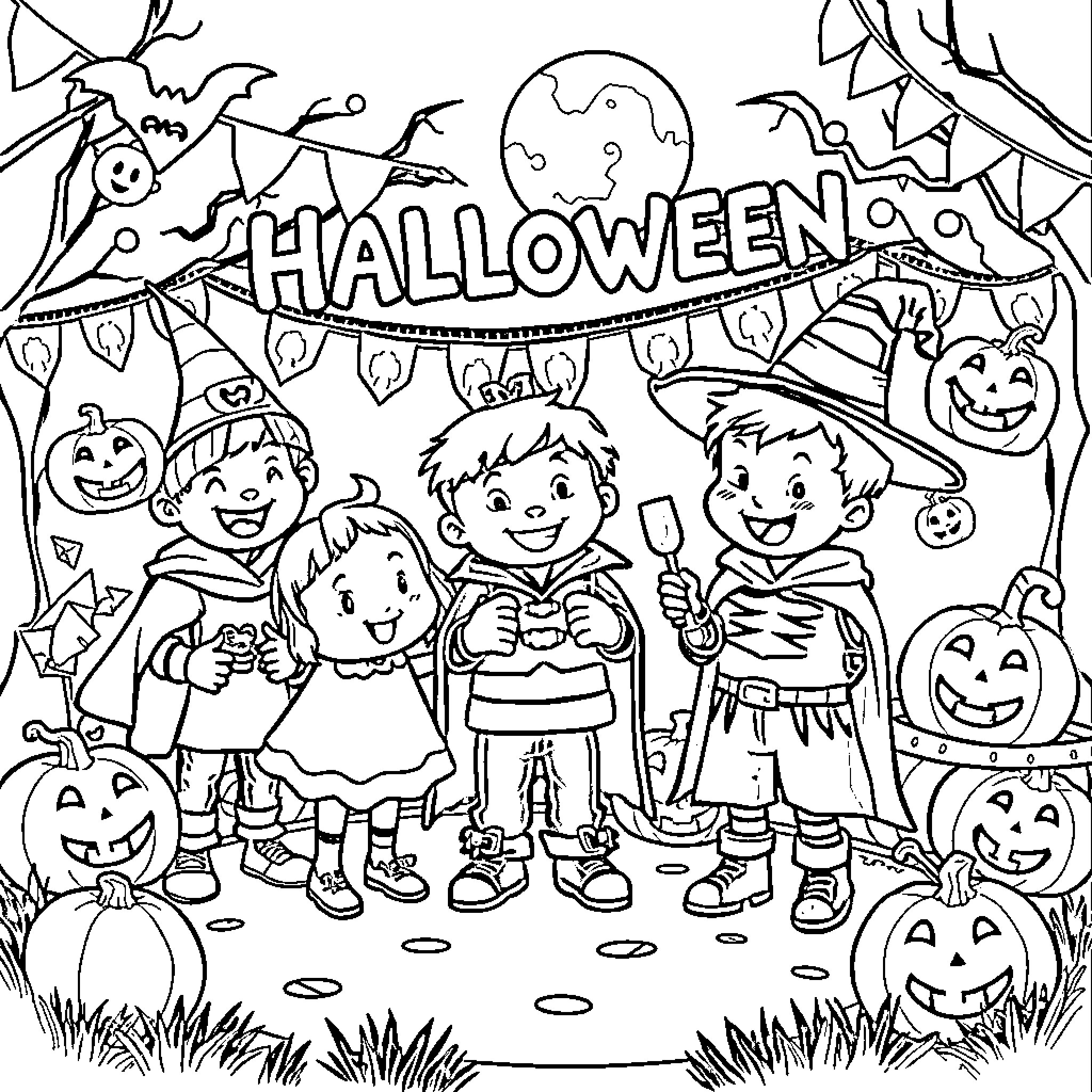 Halloween Celebration with Costumed Children Coloring Page (free black-and-white line drawing printable PDF for all, from beginners to advanced learners, including children, teens, adults, and seniors)